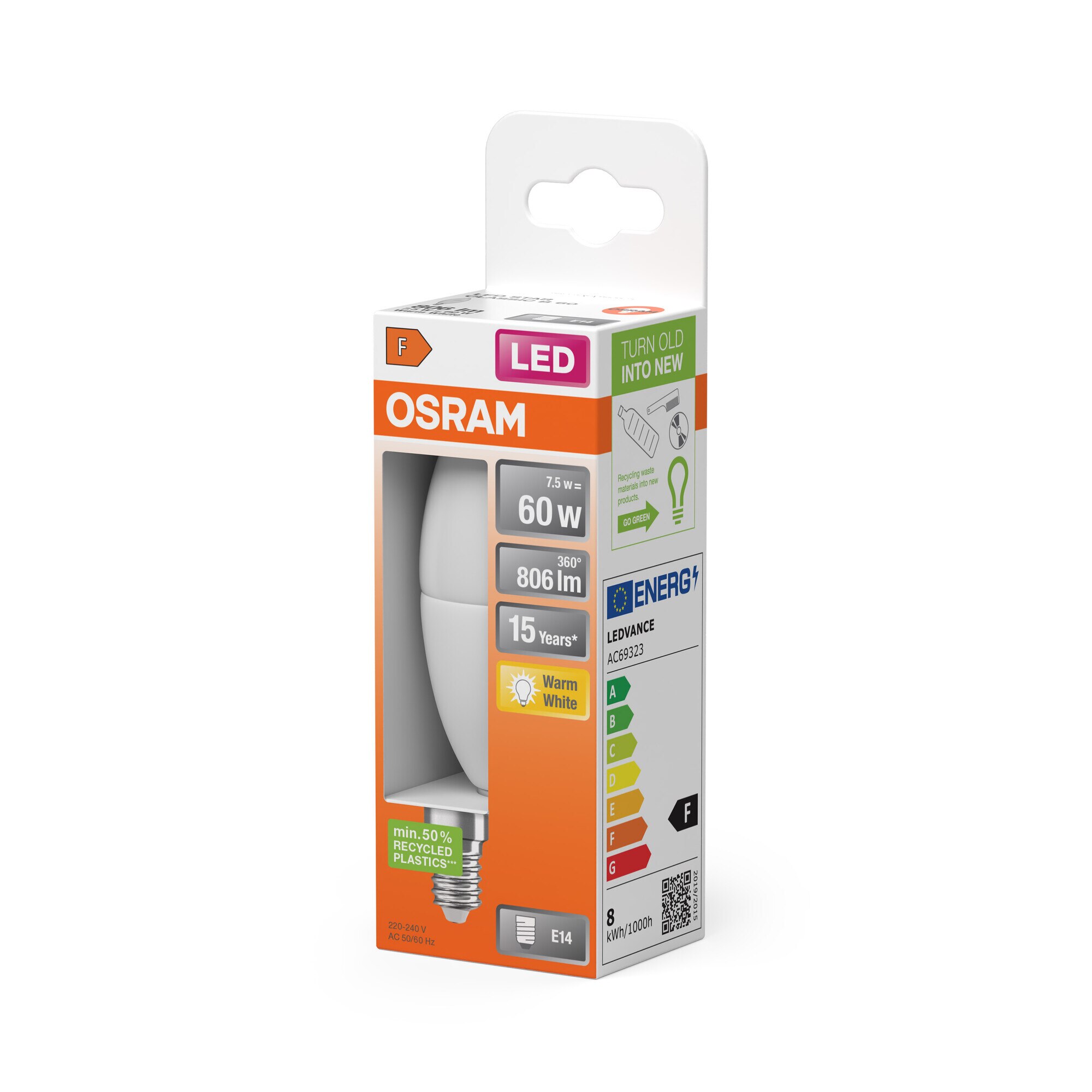 Bombilla LED Vela E14 7W Luz Cálida Osram Blanco-3