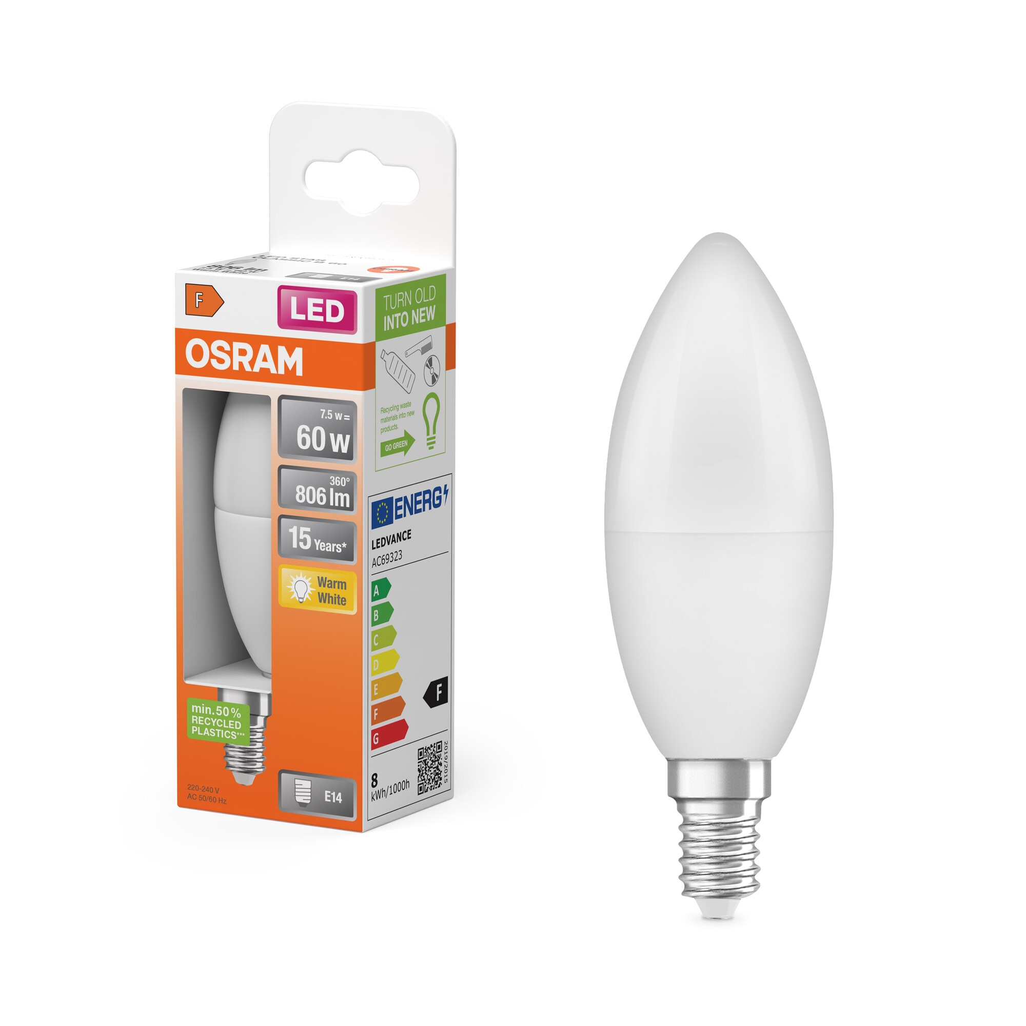 Bombilla LED Vela E14 7W Luz Cálida Osram Blanco-6