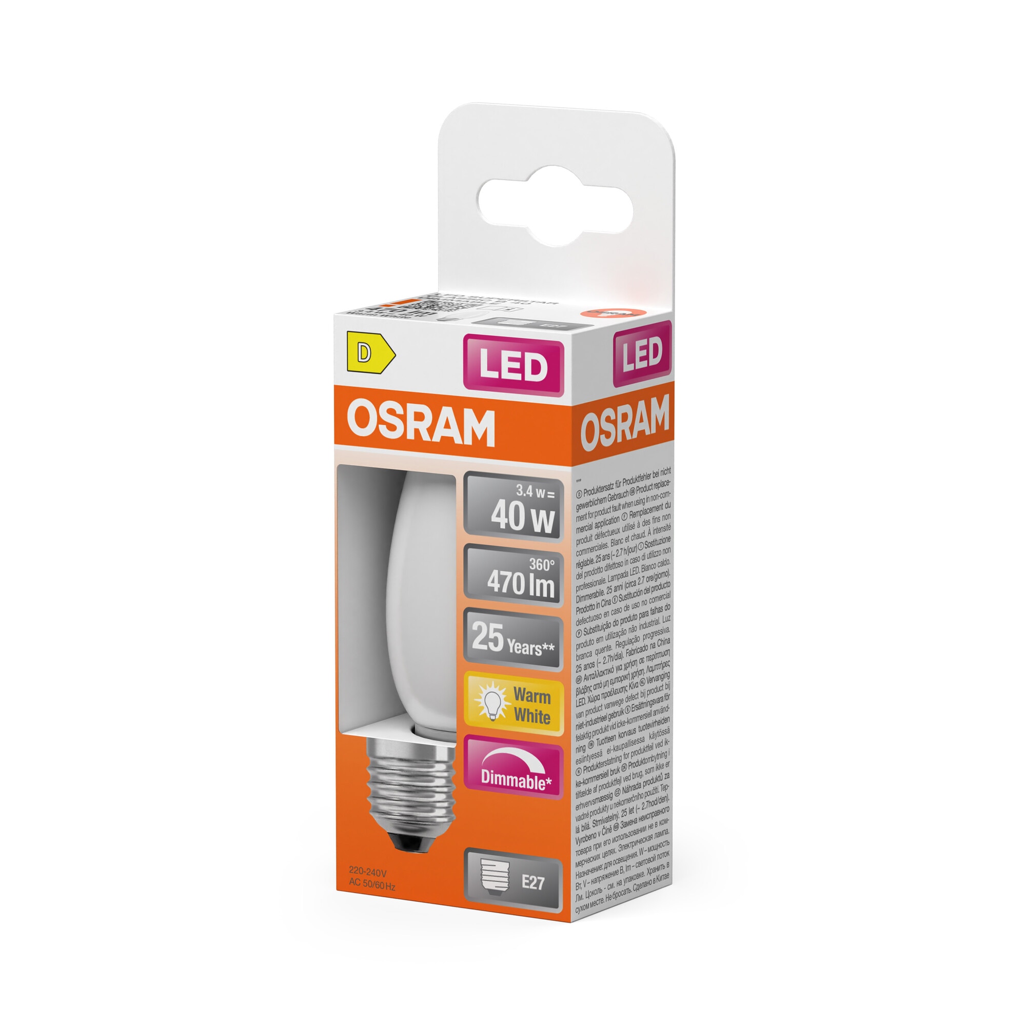 Bombilla LED Vela Cristal Mate 3,4W 2700K E14 Regulable Osram Blanco-3