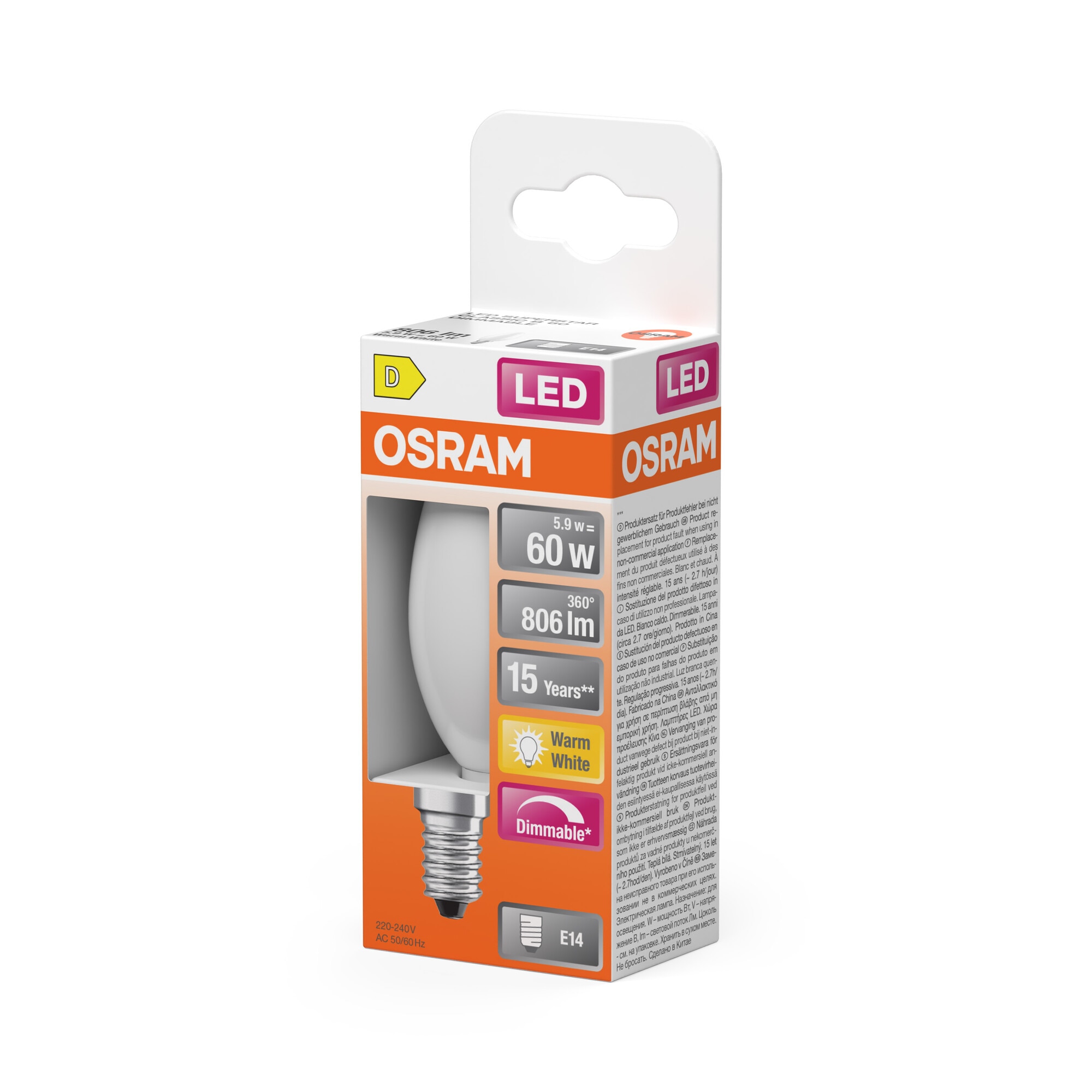 Bombilla LED Vela Cristal Mate 5,5W 2700K E14 Regulable Osram Blanco-3