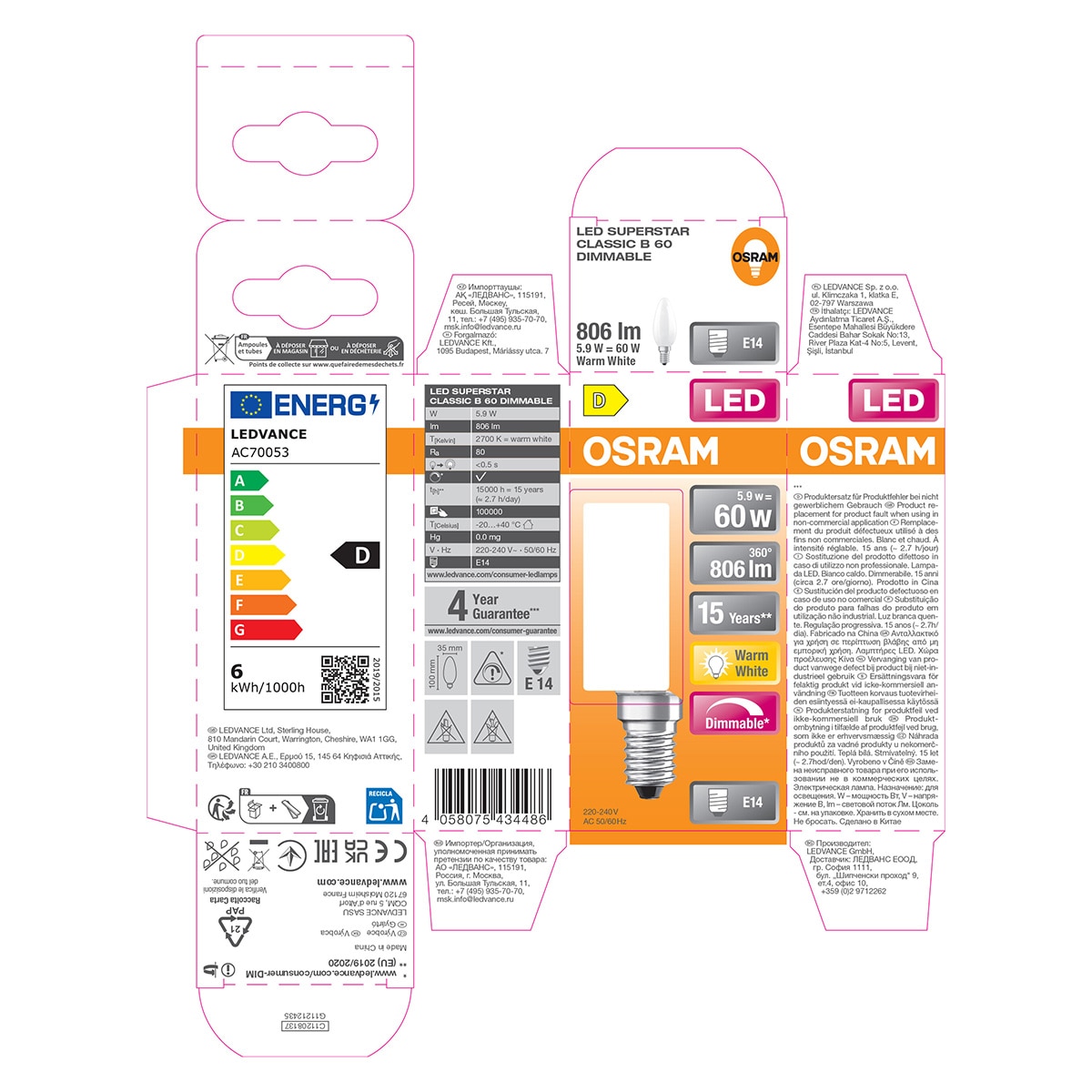 Bombilla LED Vela Cristal Mate 5,5W 2700K E14 Regulable Osram Blanco-5