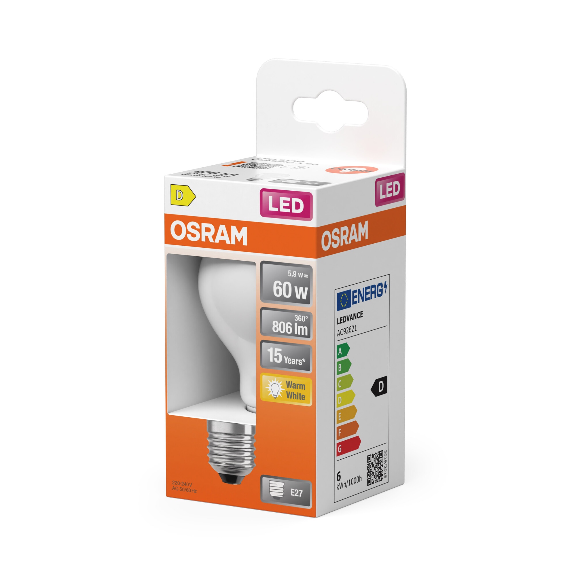 Bombilla LED Estándar Cristal Mate 6,5W 2700K E27 Osram Blanco-3