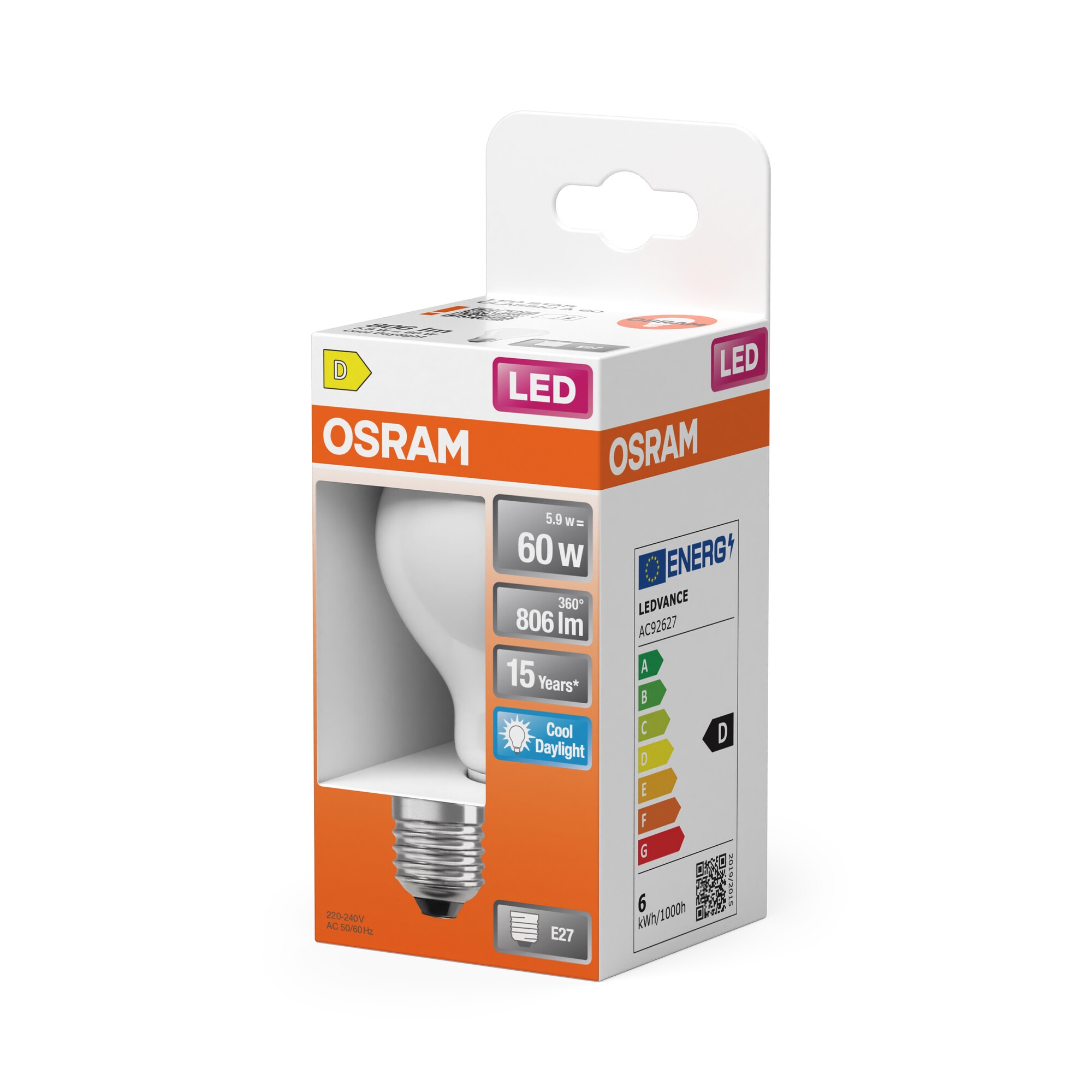 Bombilla LED Estándar Cristal Mate 6,5W 6500K E27 Osram Blanco-3