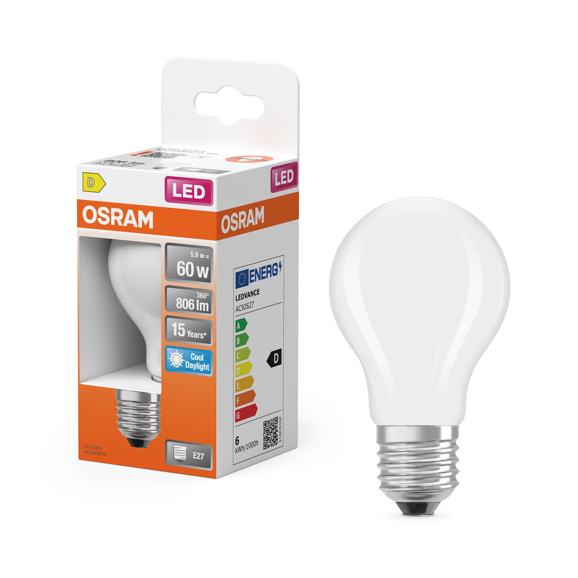 Bombilla LED Estándar Cristal Mate 6,5W 6500K E27 Osram Blanco-5