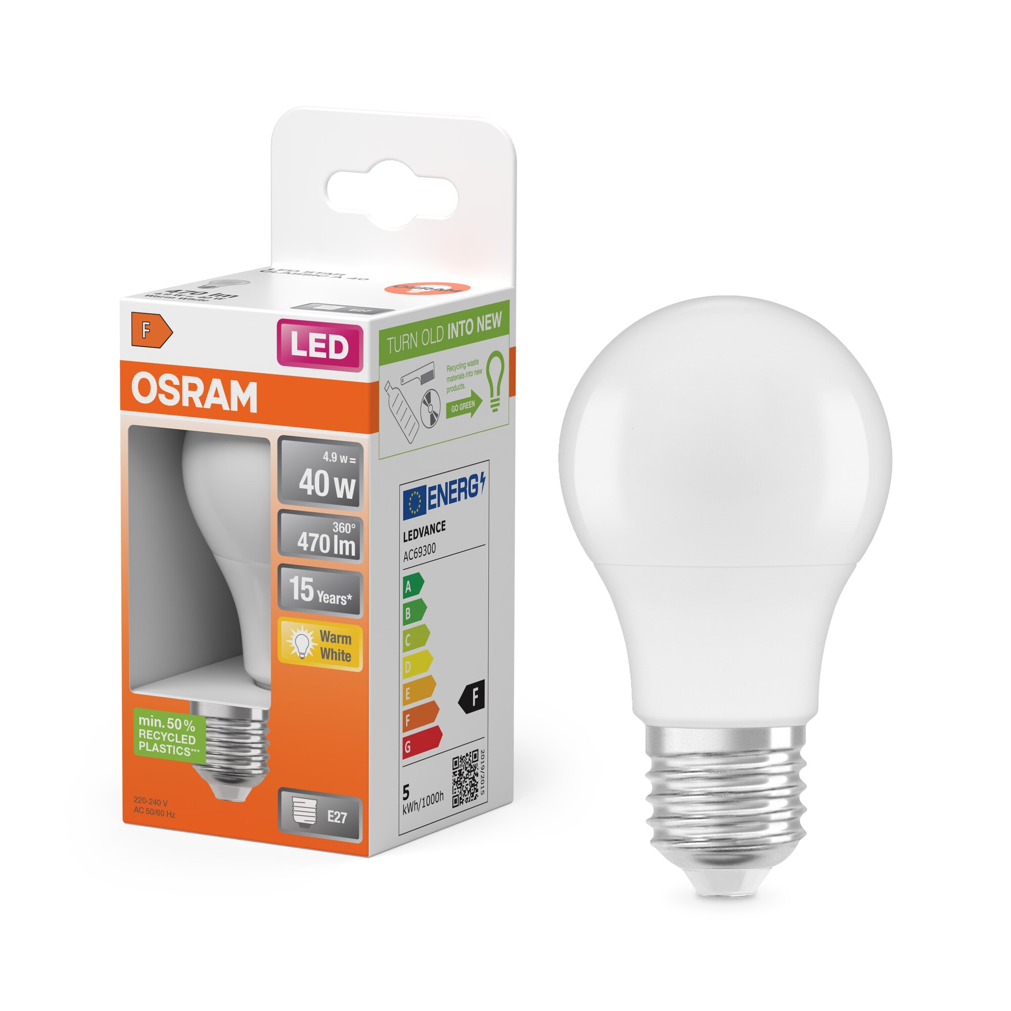 Bombilla LED Estándar E27 4,9W Luz Cálida Osram Blanco-6