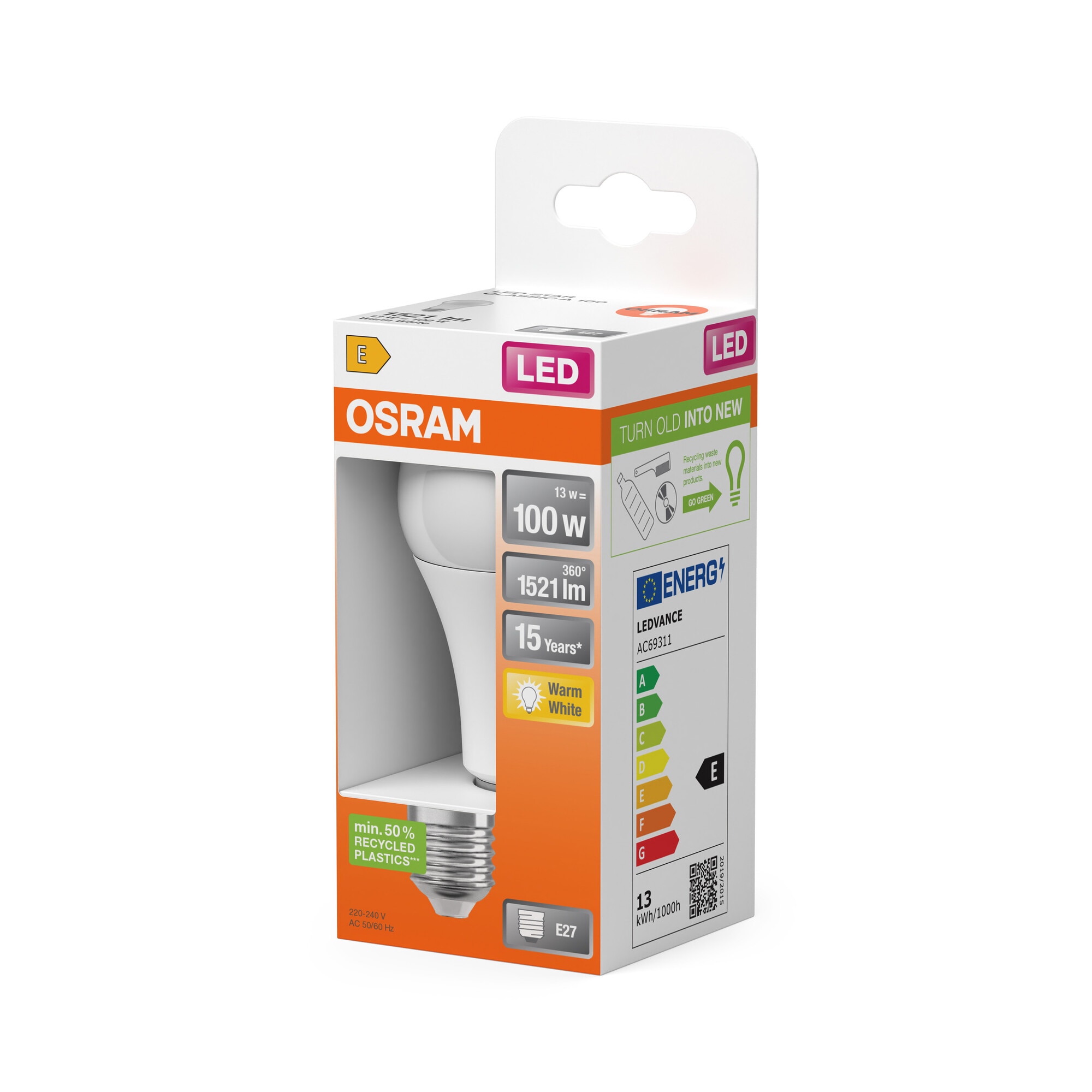 Bombilla LED Estándar E27 13W Luz Cálida Osram Blanco-3