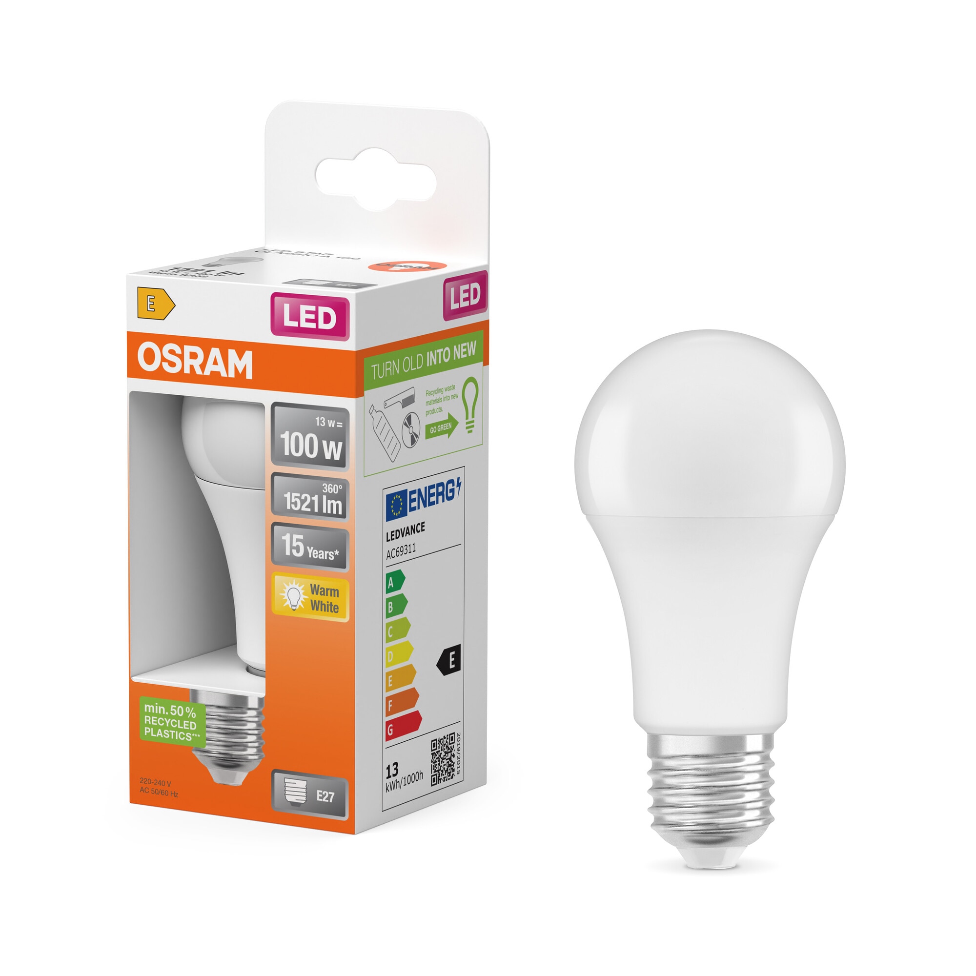 Bombilla LED Estándar E27 13W Luz Cálida Osram Blanco-6