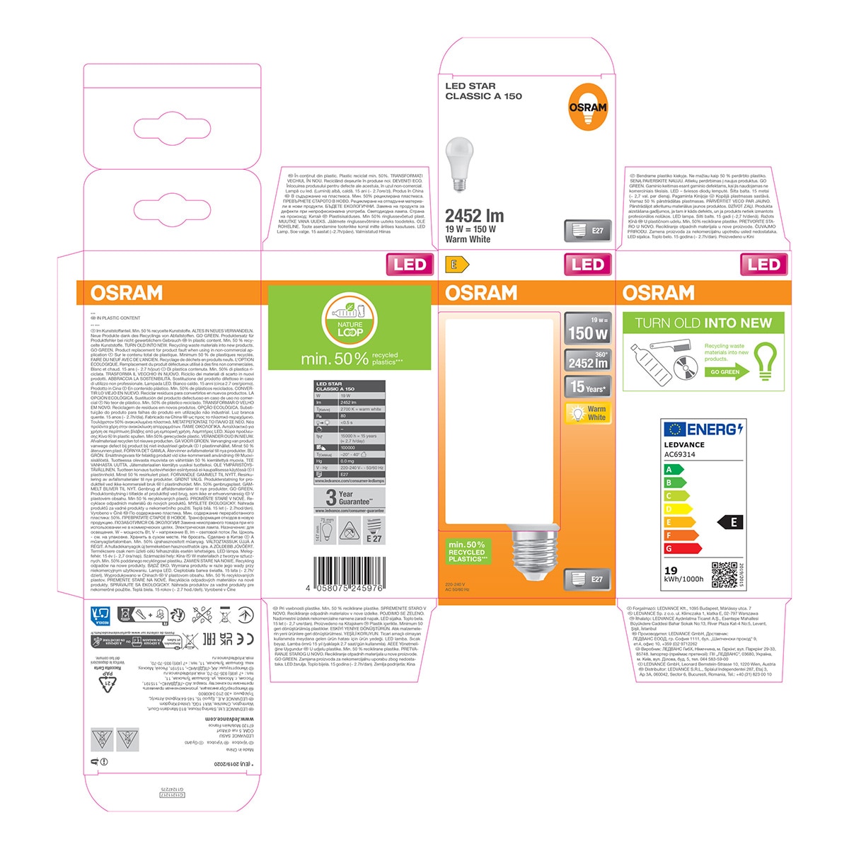 Bombilla LED Estándar E27 19W Luz Cálida Osram Blanco-5