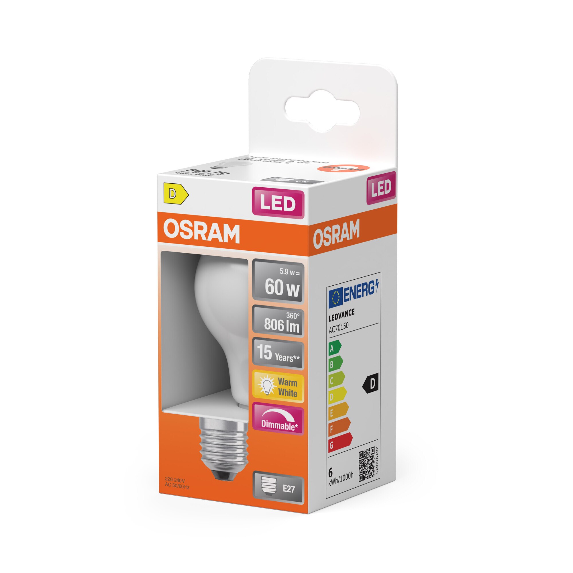 Bombilla LED Estándar E27 5,9W Luz Cálida Regulable Osram Blanco-3
