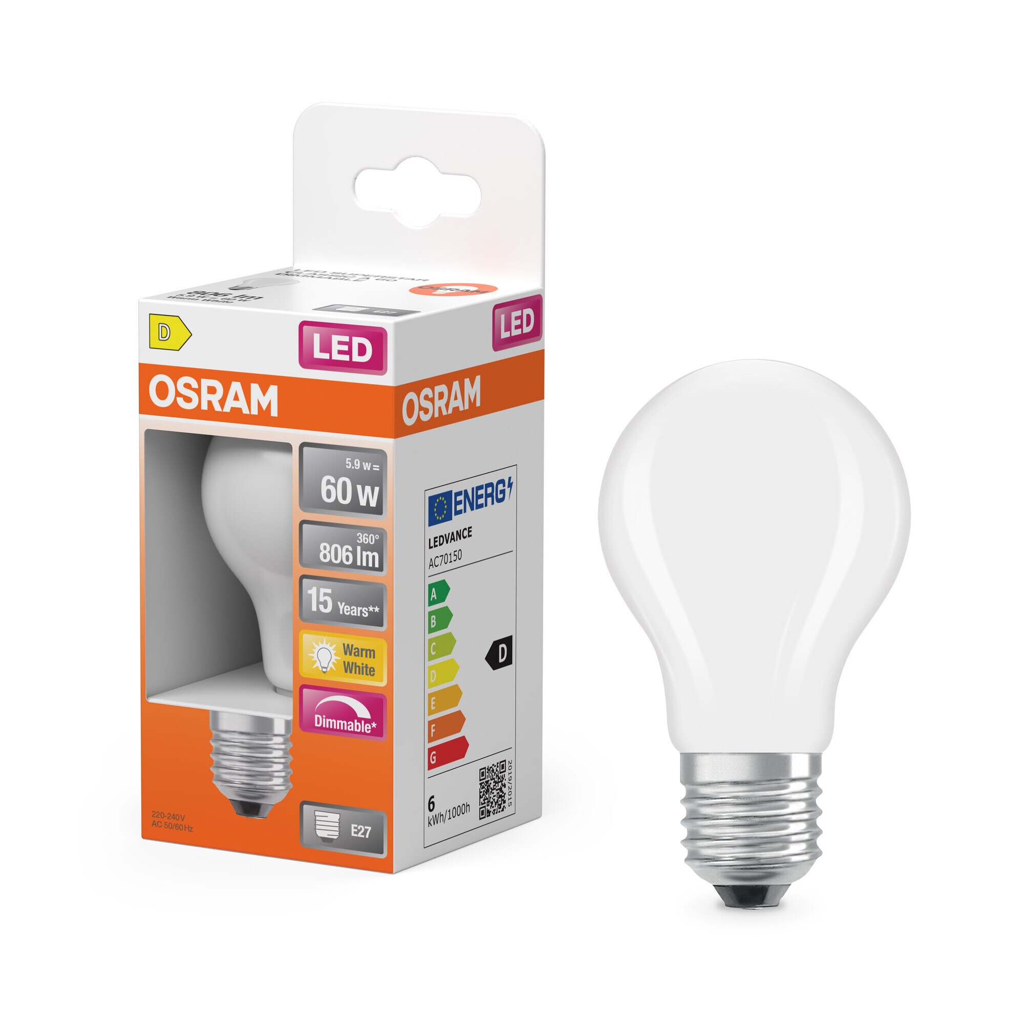 Bombilla LED Estándar E27 5,9W Luz Cálida Regulable Osram Blanco-5