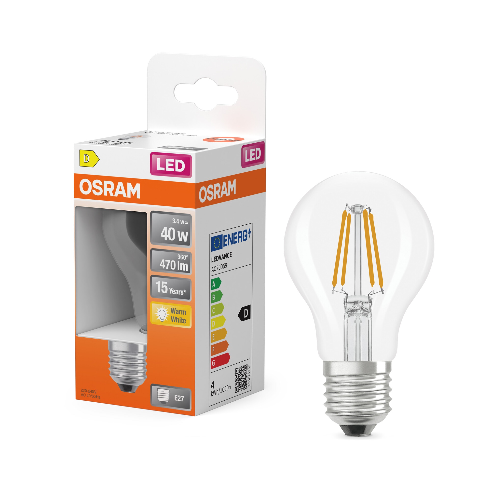 Bombilla LED Estándar Cristal Filamento E27 4W Luz Cálida Osram Transparente-5