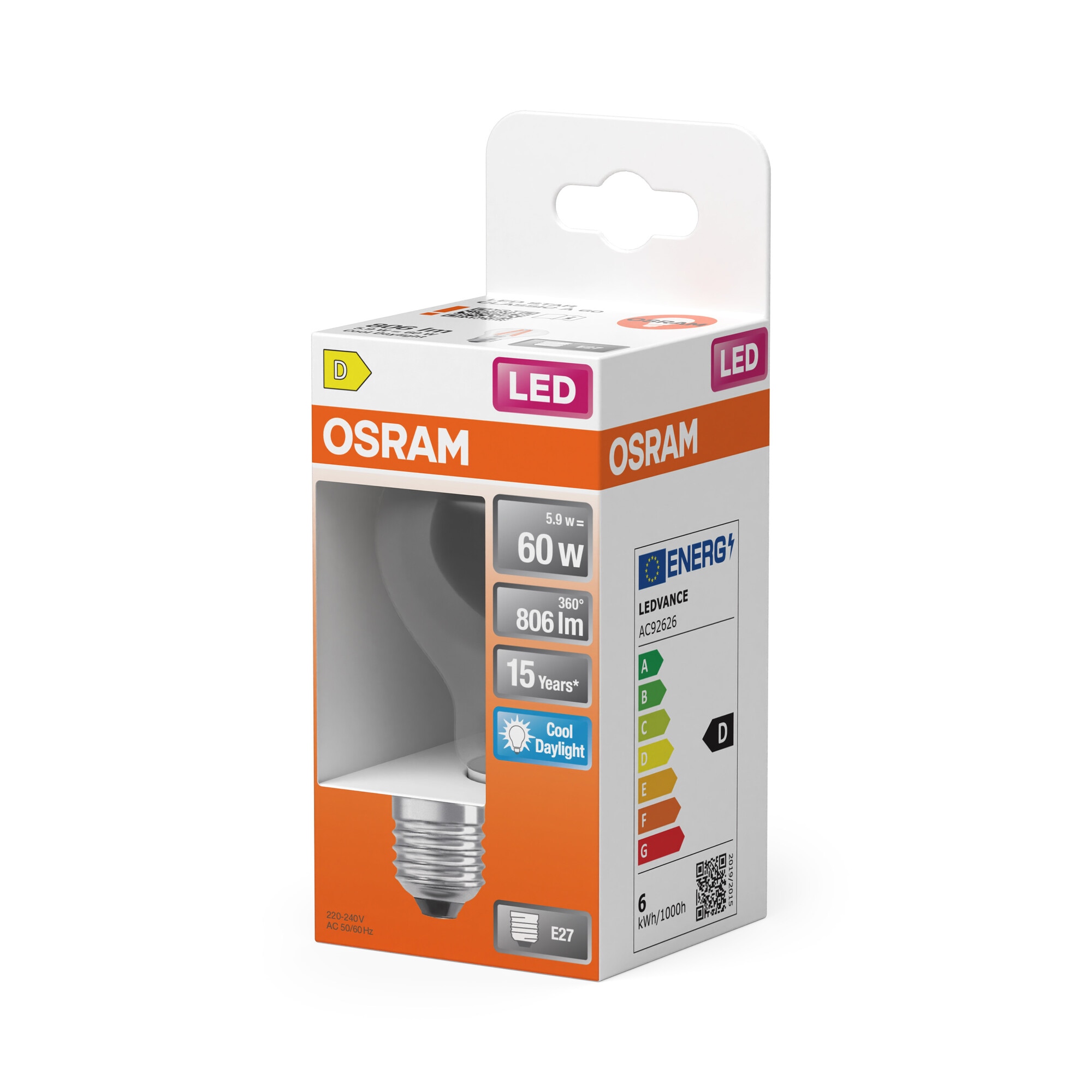 Bombilla LED Estándar Cristal Filamento E27 6,5W Luz Fría Osram Transparente-3