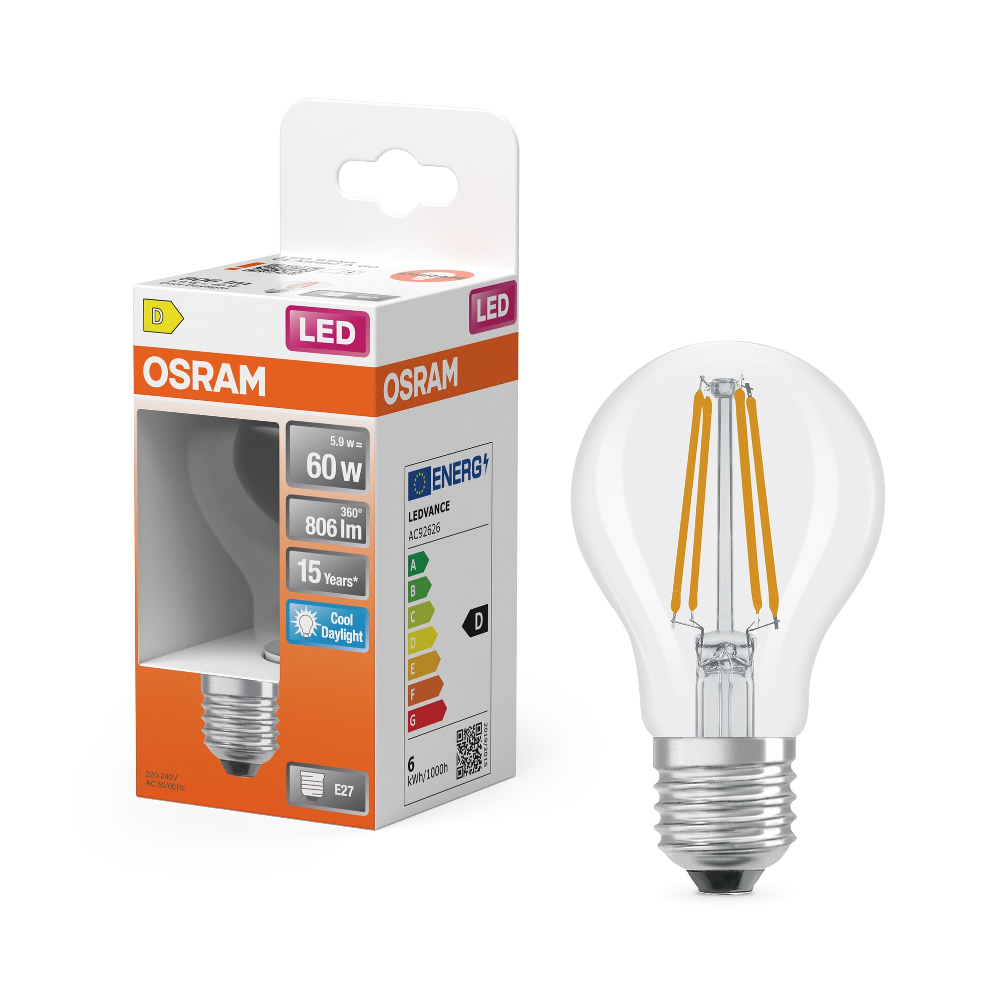 Bombilla LED Estándar Cristal Filamento E27 6,5W Luz Fría Osram Transparente-5