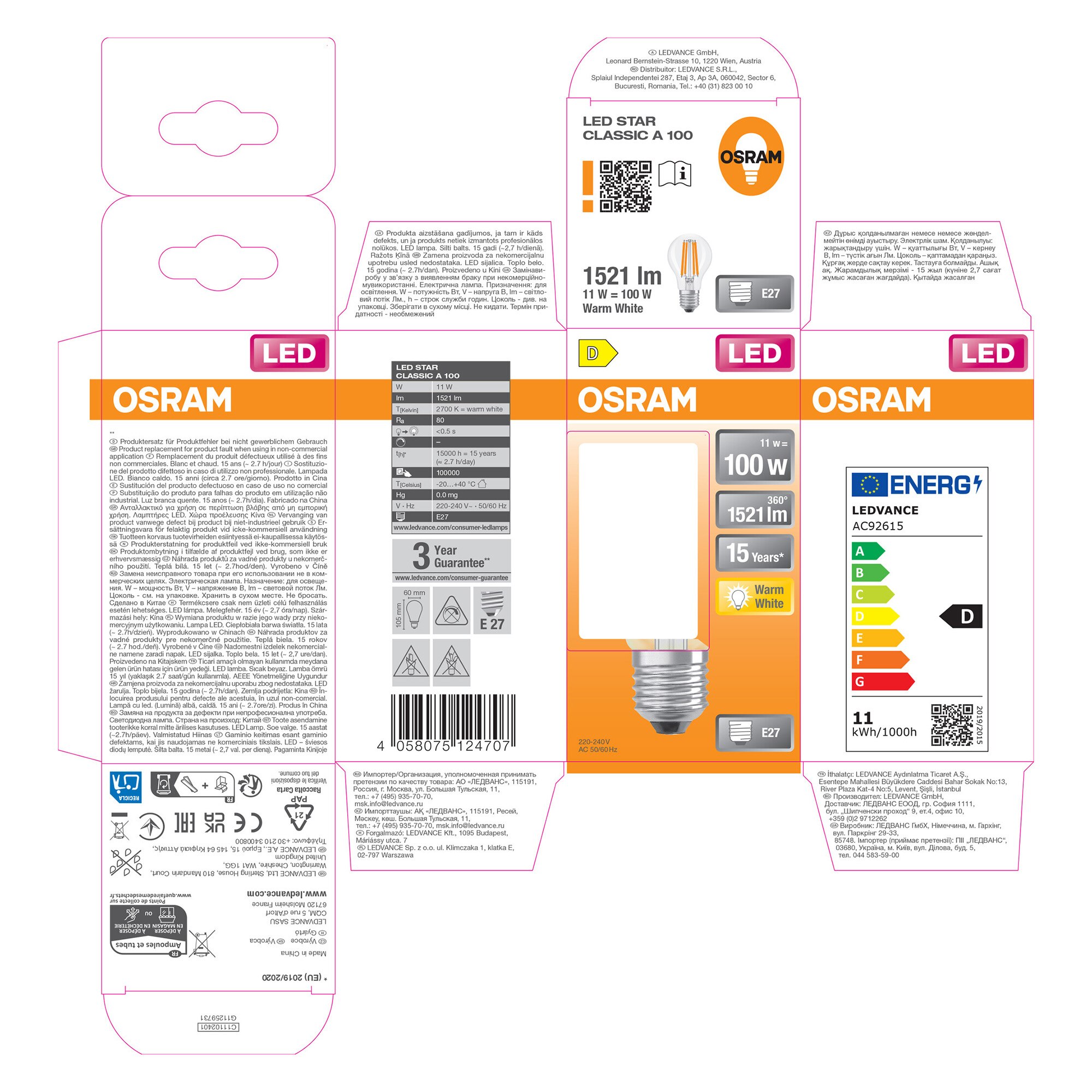 Bombilla LED Estándar Cristal Filamento E27 11W Luz Cálida Osram Transparente-5