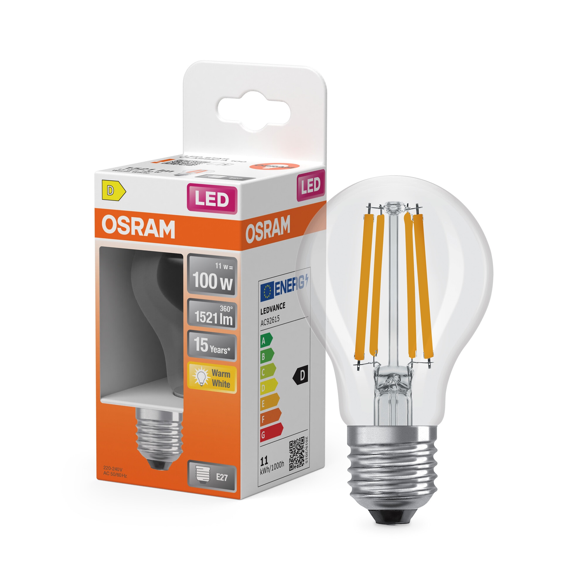 Bombilla LED Estándar Cristal Filamento E27 11W Luz Cálida Osram Transparente-6