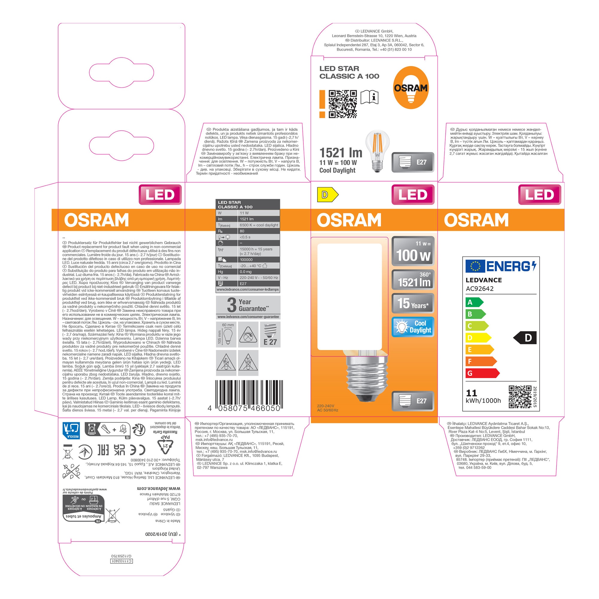 Bombilla LED Estándar Cristal Filamento E27 11W Luz Fría Osram Transparente-5