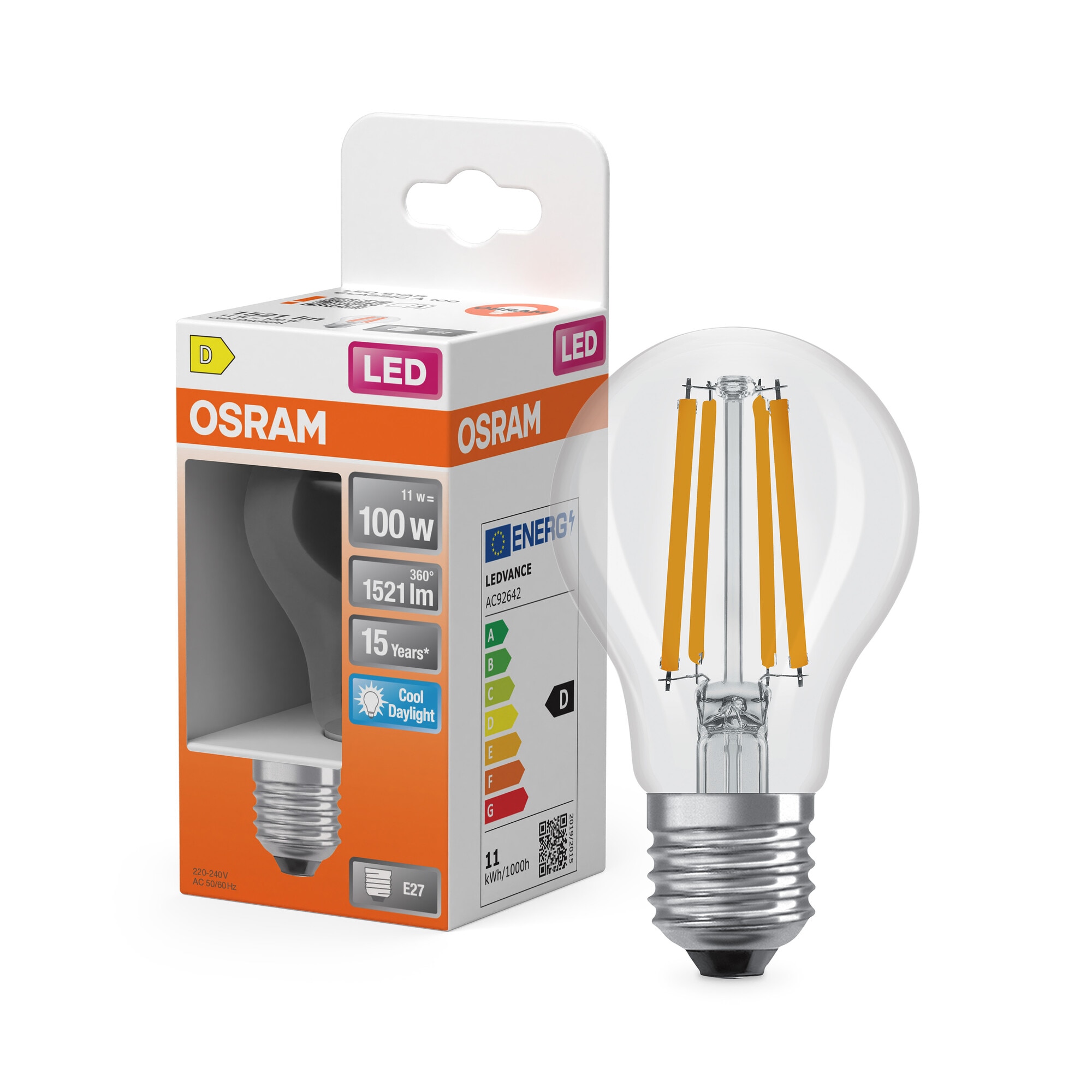 Bombilla LED Estándar Cristal Filamento E27 11W Luz Fría Osram Transparente-6
