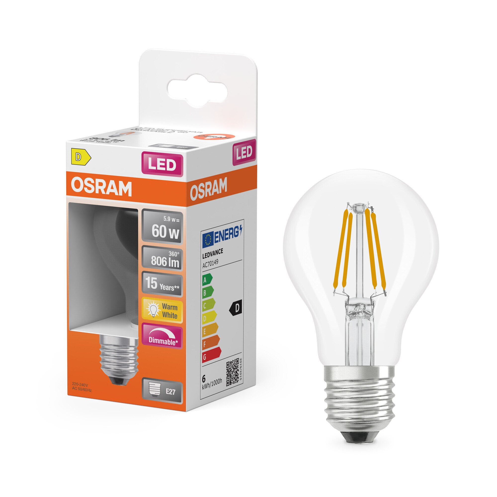 Bombilla LED Estándar Cristal Filamento E27 5,9W Luz Cálida Regulable Osram Transparente-5