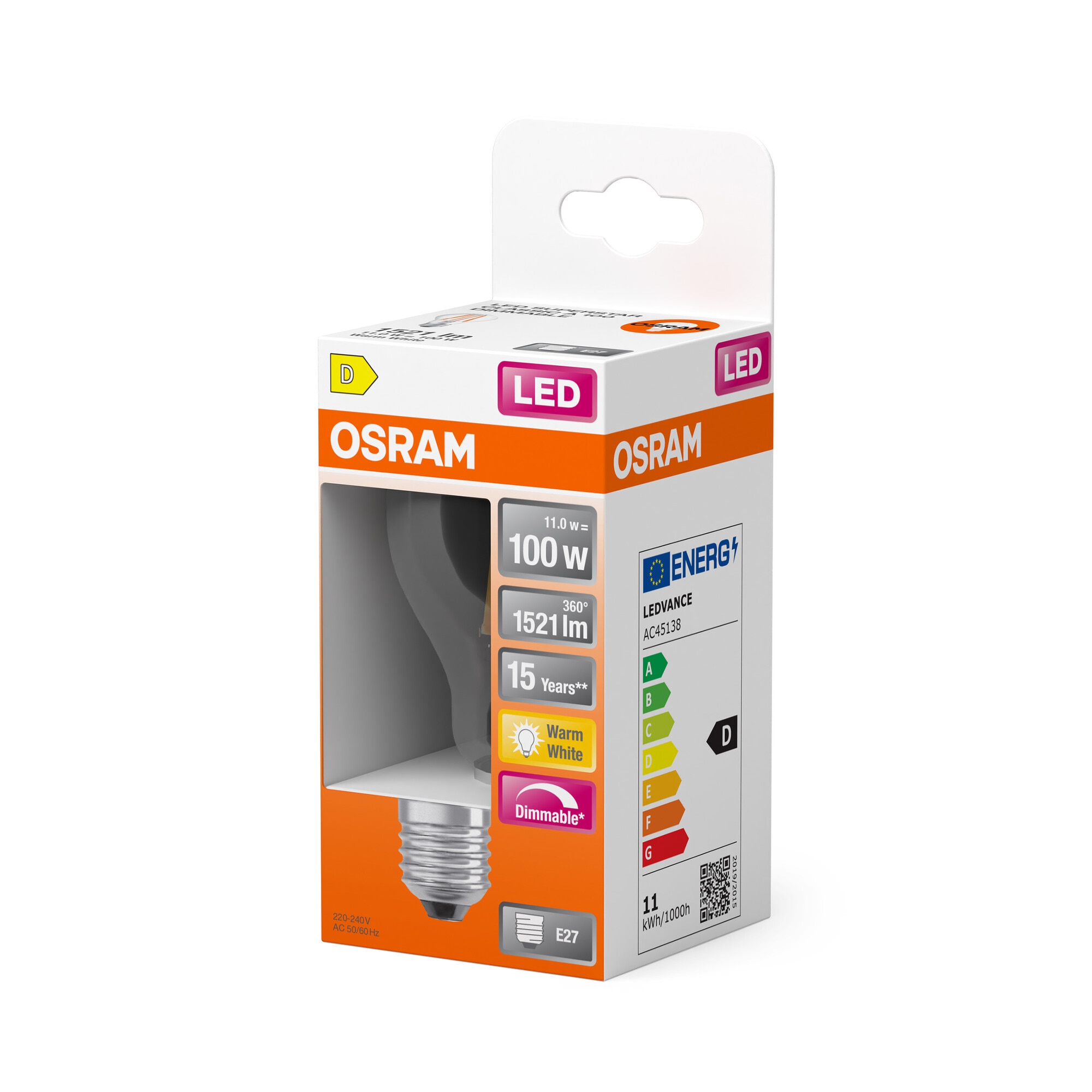 Bombilla LED Estándar Cristal Filamento E27 11W Luz Cálida Regulable Osram Transparente-3