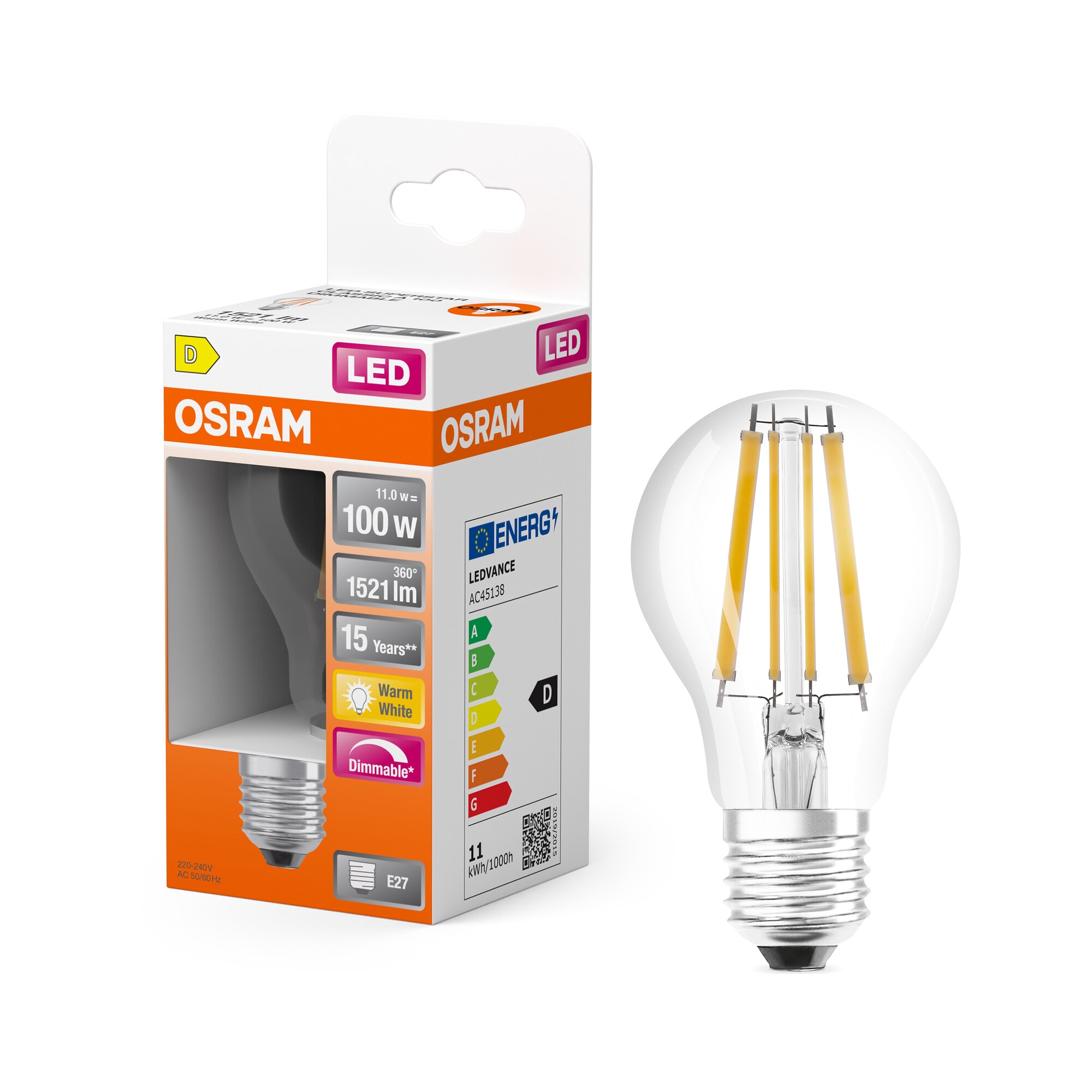 Bombilla LED Estándar Cristal Filamento E27 11W Luz Cálida Regulable Osram Transparente-5