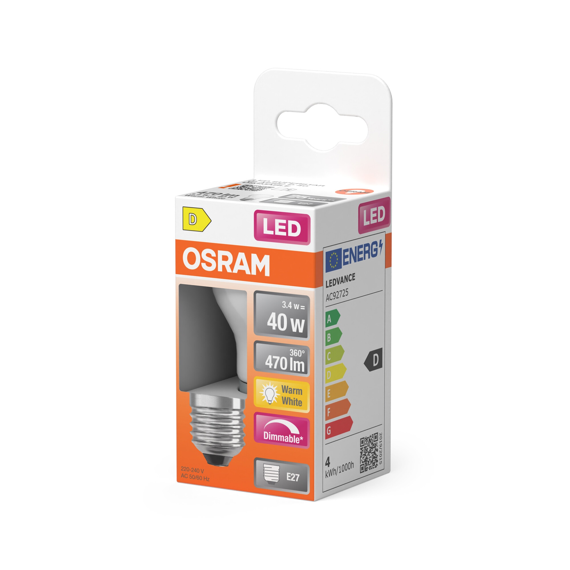 Bombilla LED Esférica Cristal Mate E27 3,4W Luz Cálida Regulable Osram Blanco-3