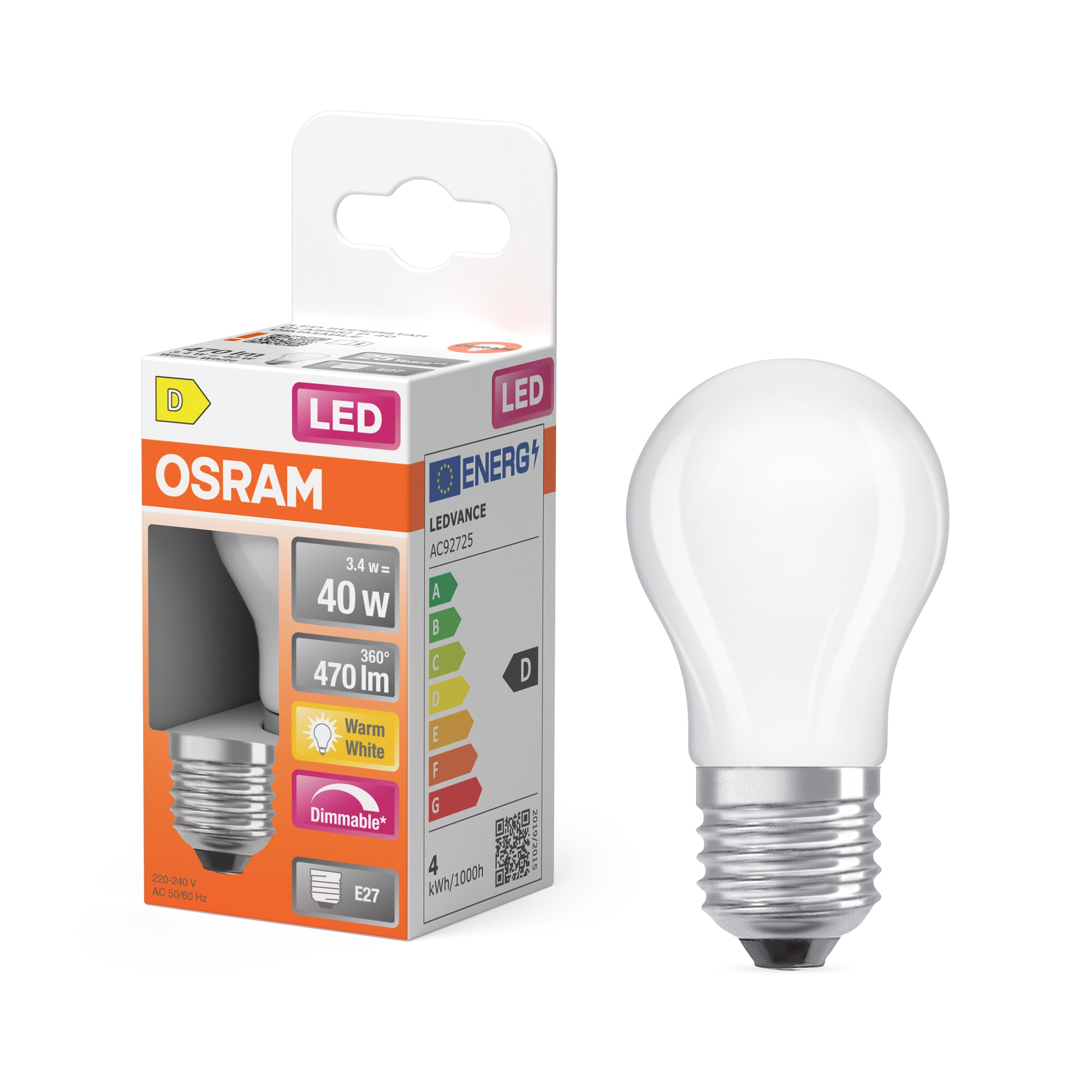 Bombilla LED Esférica Cristal Mate E27 3,4W Luz Cálida Regulable Osram Blanco-5