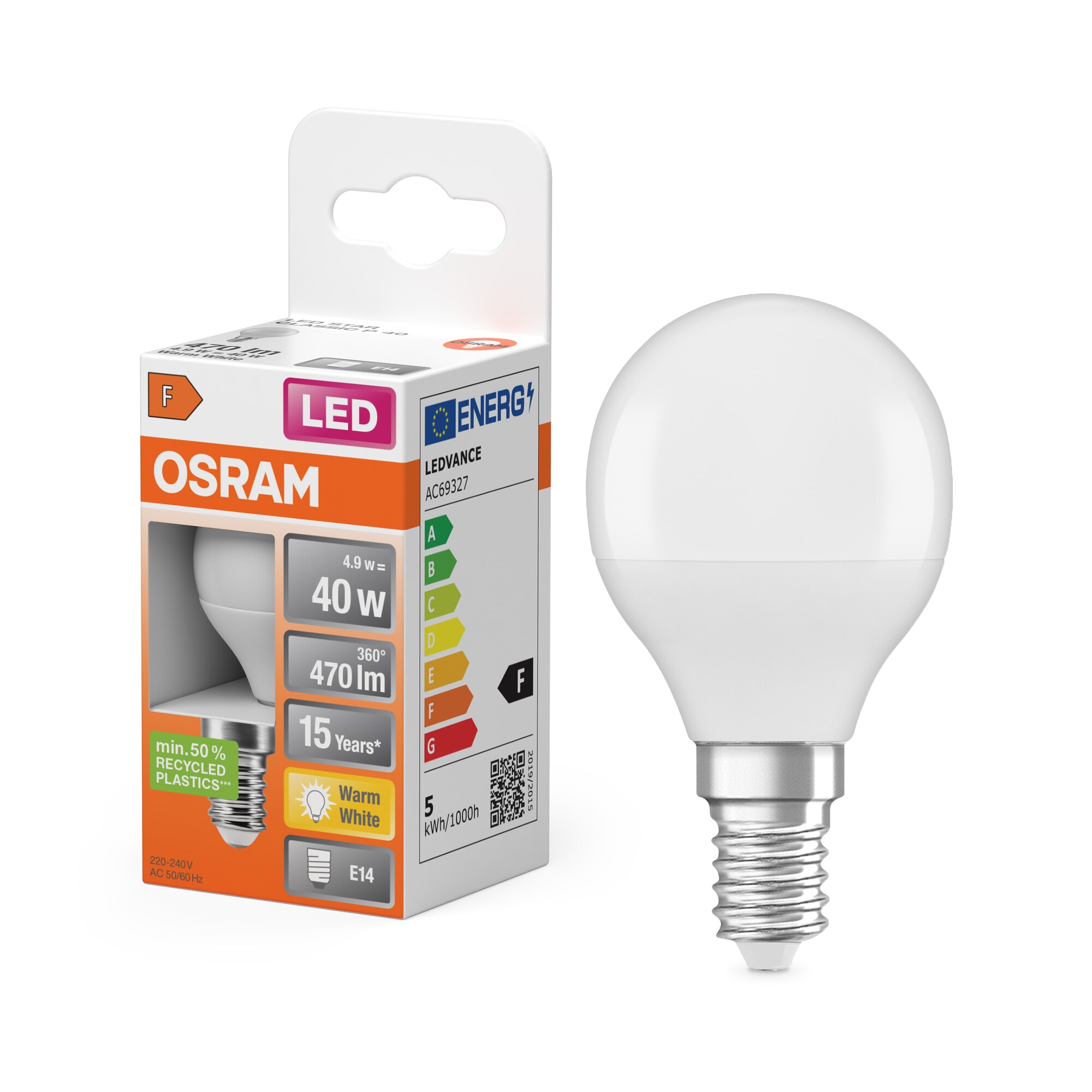 Bombilla LED Esférica E14 4,9W Luz Cálida Osram Blanco-6