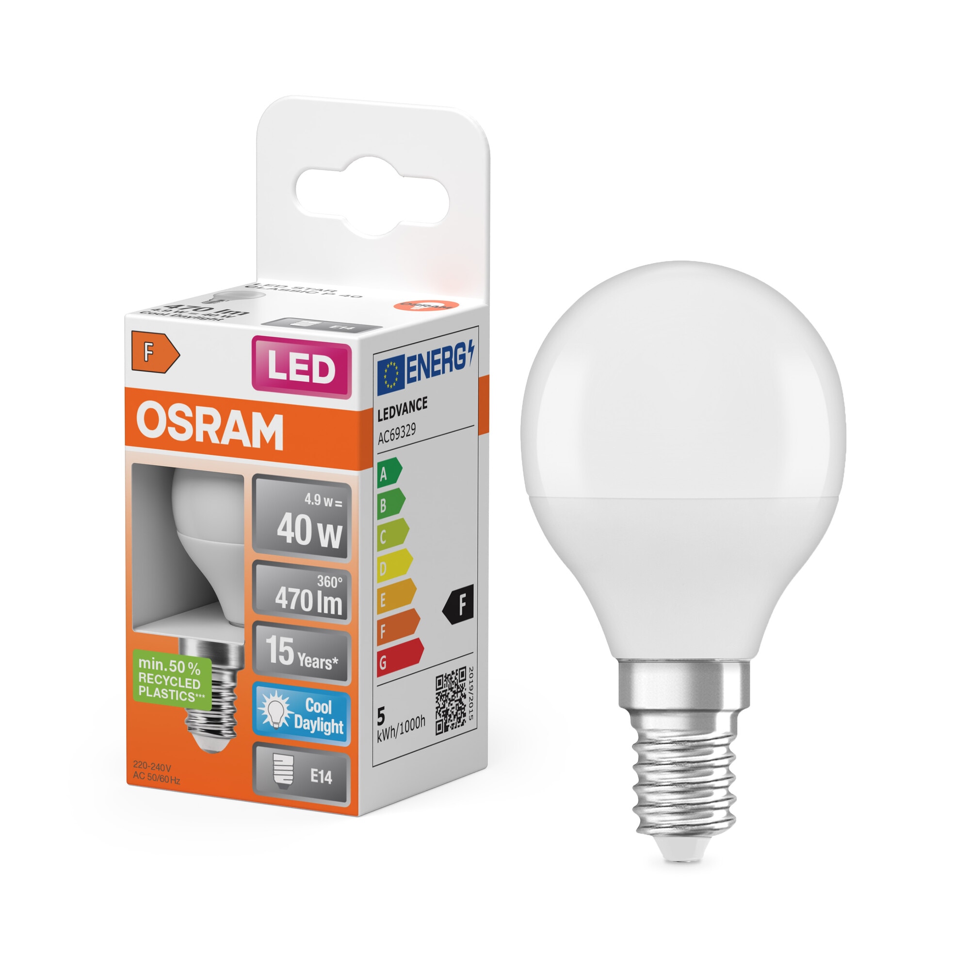 Bombilla LED Esférica E14 4,9W Luz Fría Osram Blanco-6