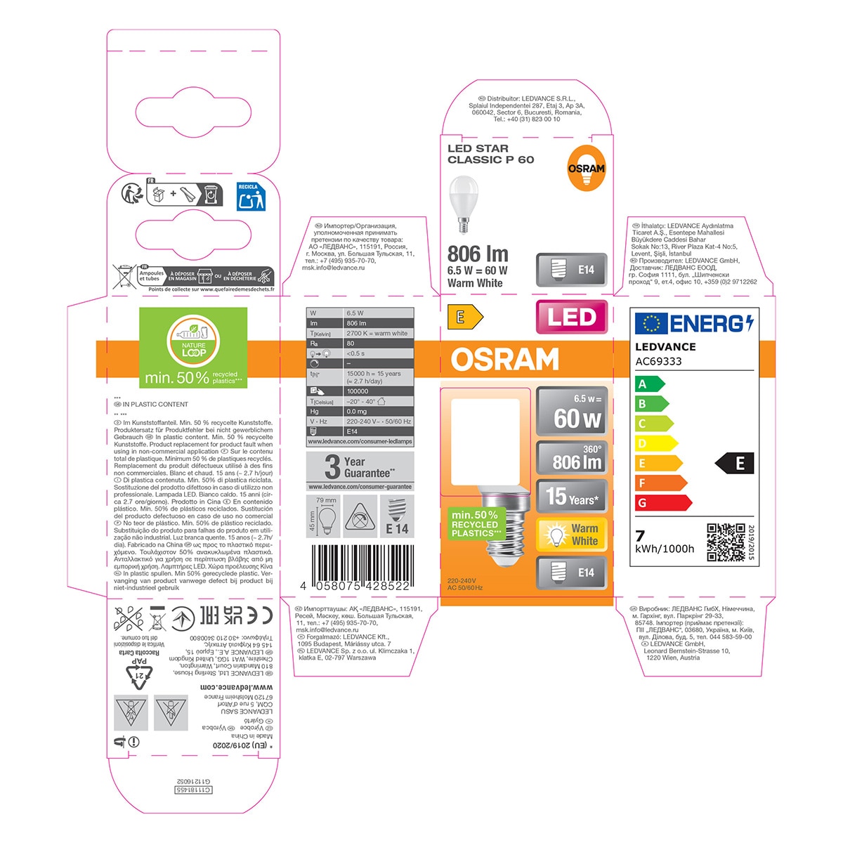 Bombilla LED Esférica E14 7W Luz Cálida Osram Blanco-5
