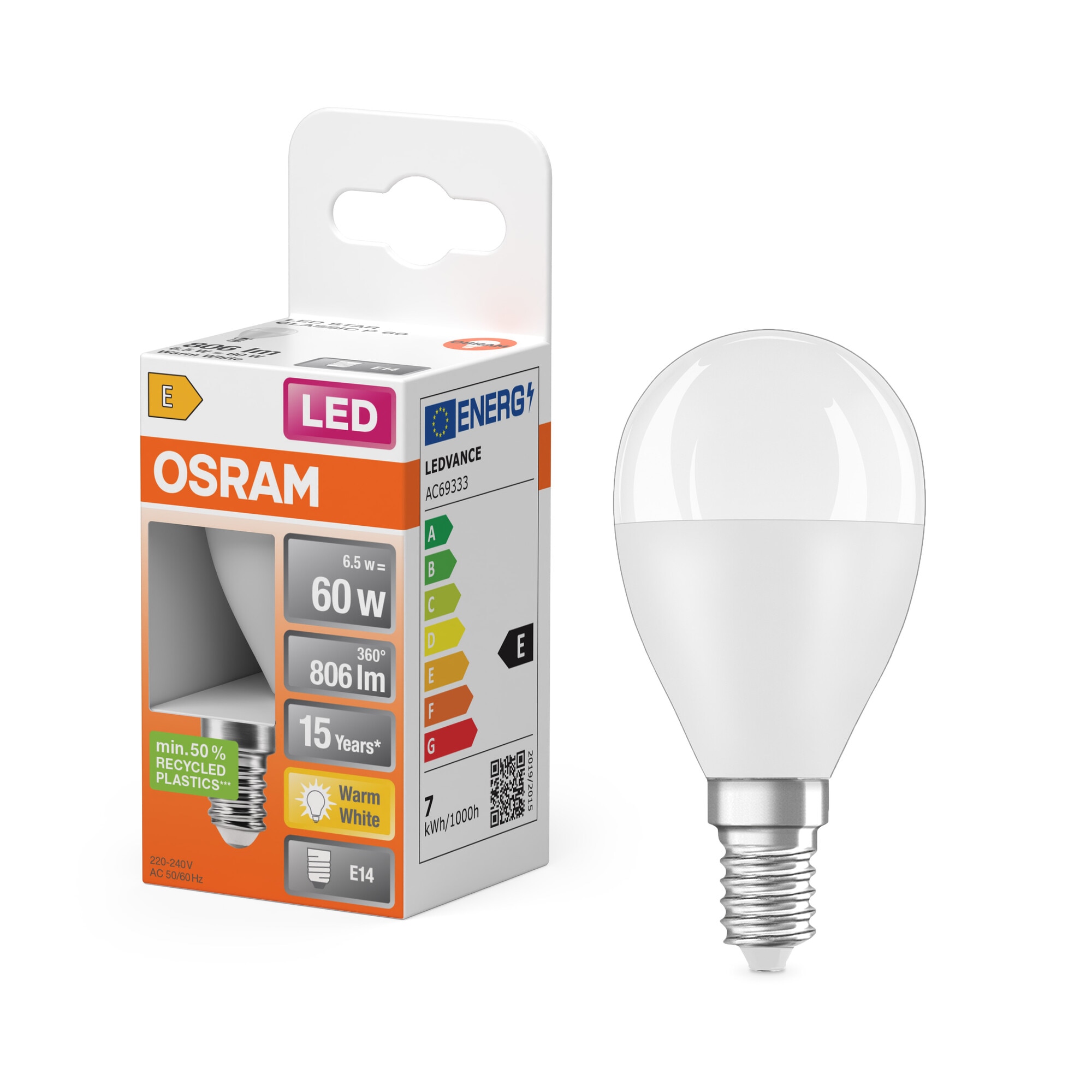 Bombilla LED Esférica E14 7W Luz Cálida Osram Blanco-6
