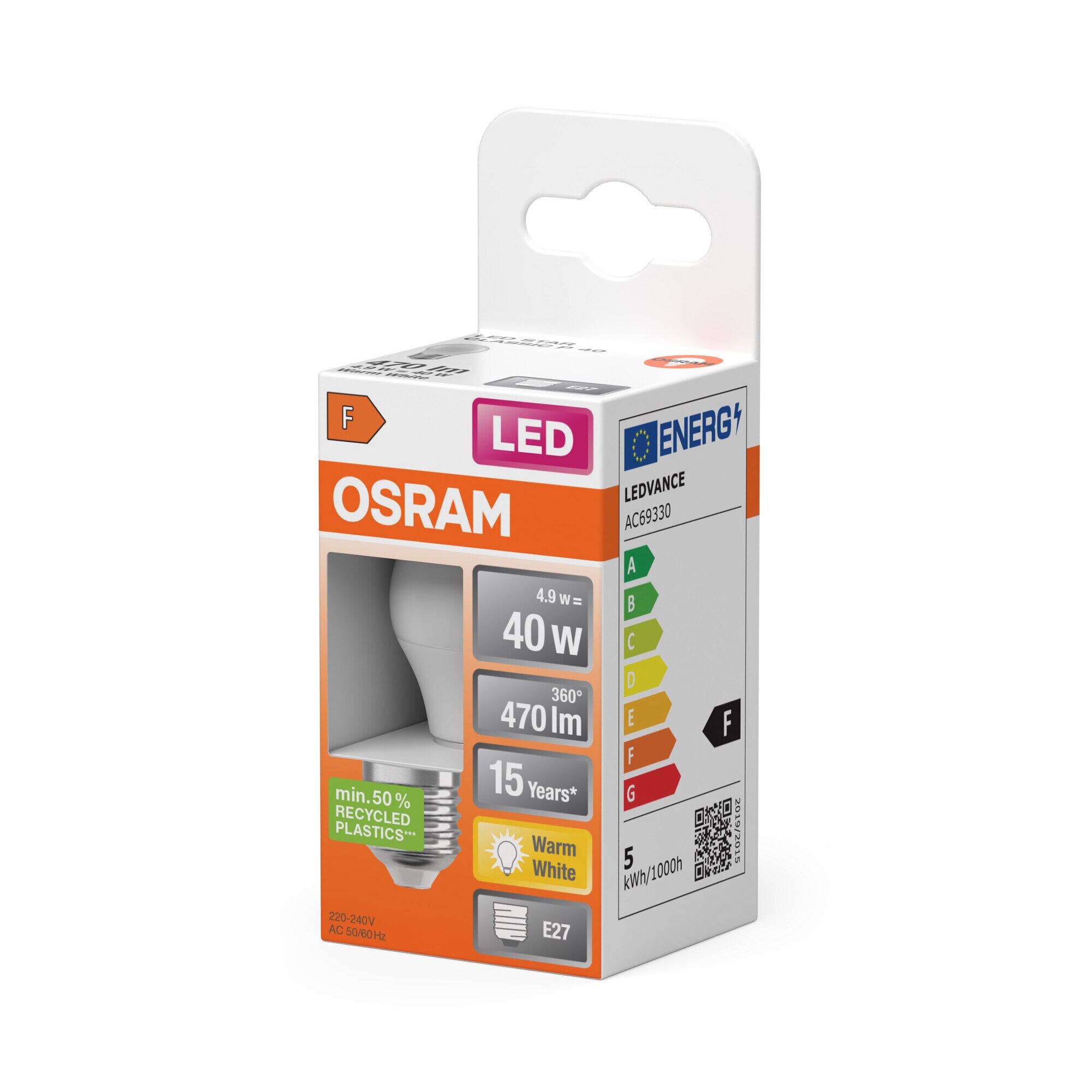 Bombilla LED Esférica E27 4,9W Luz Cálida Osram Blanco-3