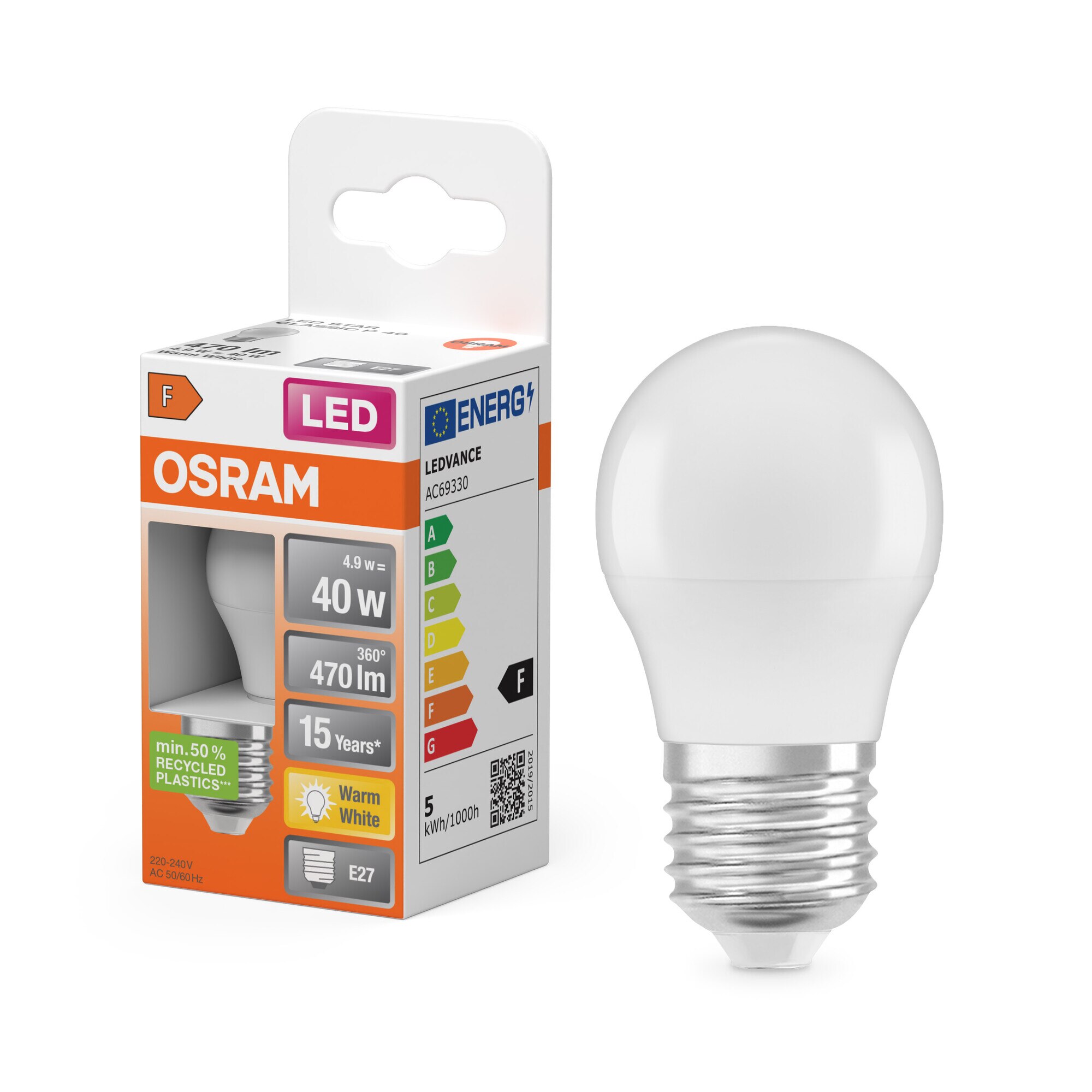 Bombilla LED Esférica E27 4,9W Luz Cálida Osram Blanco-6