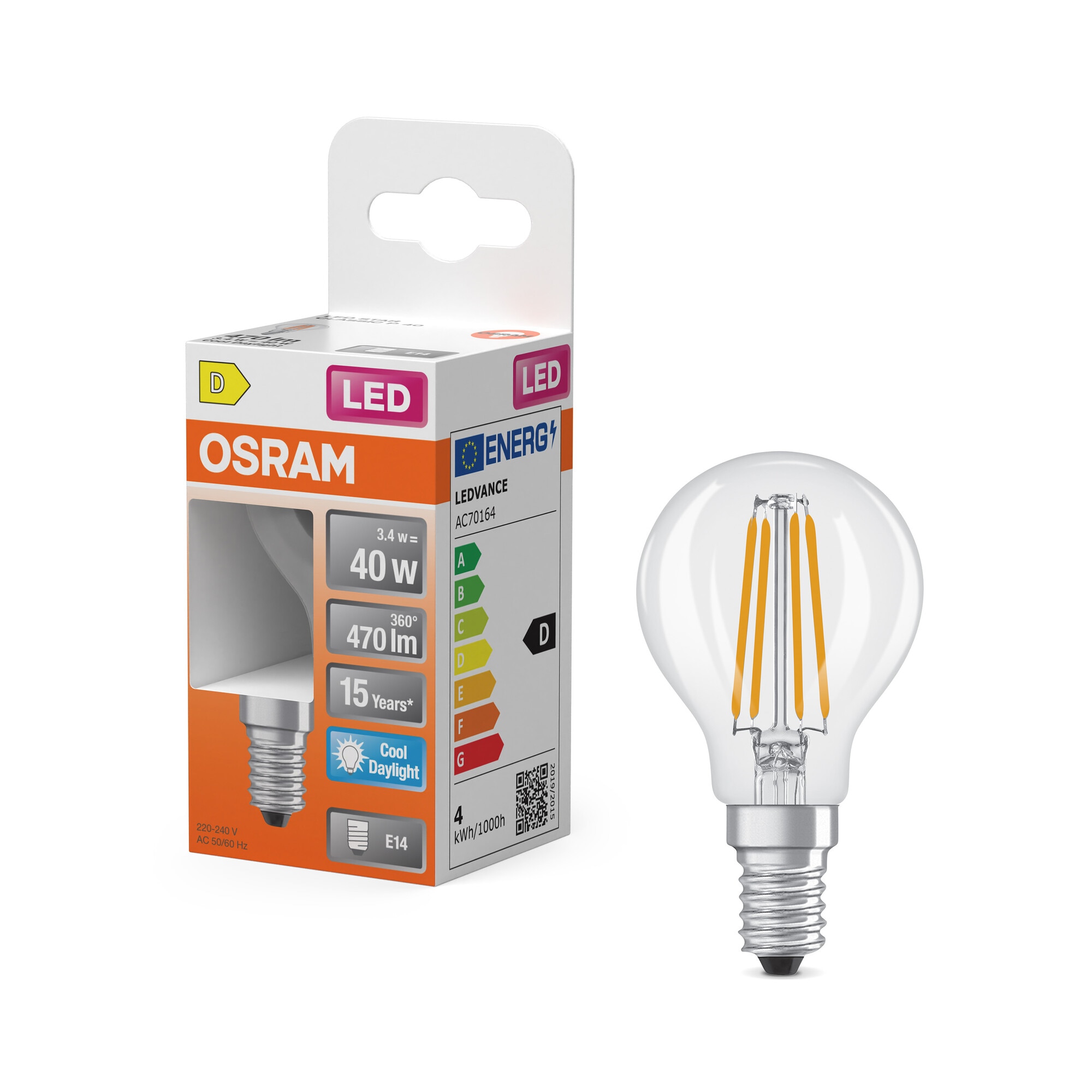 Bombilla LED Esférica Cristal Filamento E14 4W Luz Fría Osram Transparente-5