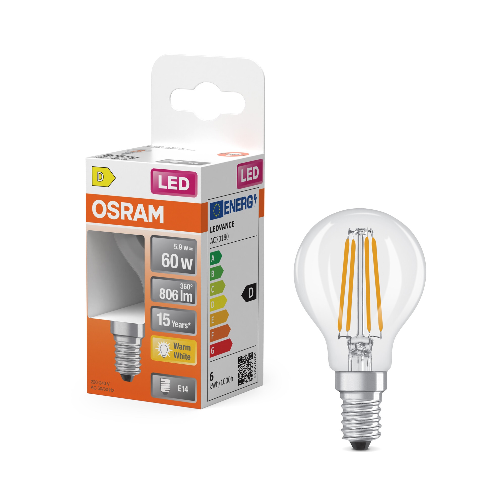Lâmpada LED Esférica de Cristal com Filamento E14 5,5 W Luz Quente Transparente-5