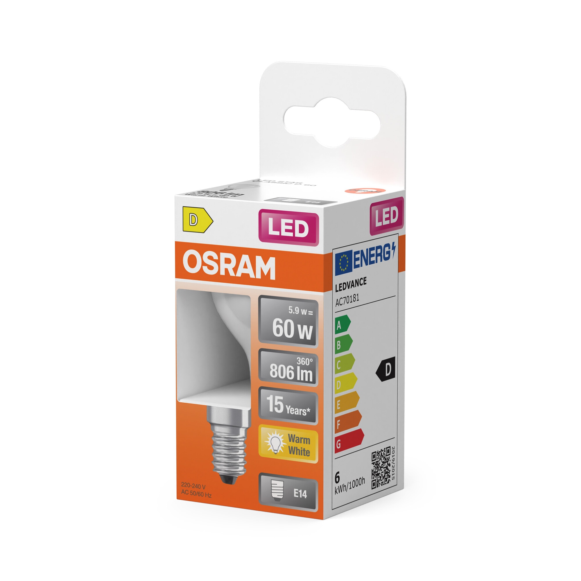 Bombilla LED Esférica Cristal Mate E14 5,5W Luz Cálida Osram Blanco-3