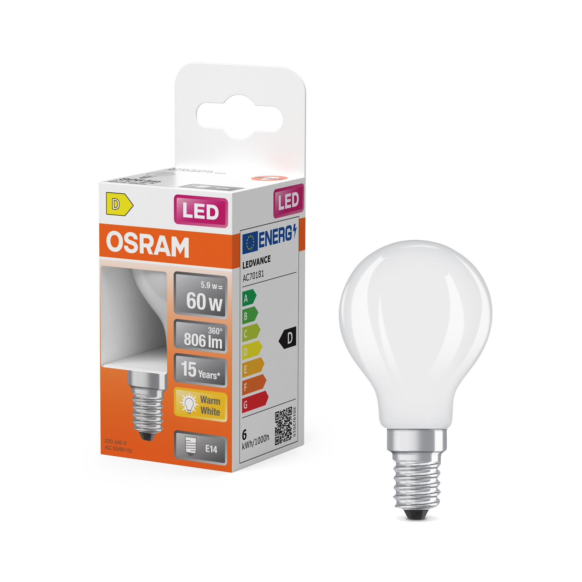 Bombilla LED Esférica Cristal Mate E14 5,5W Luz Cálida Osram Blanco-5