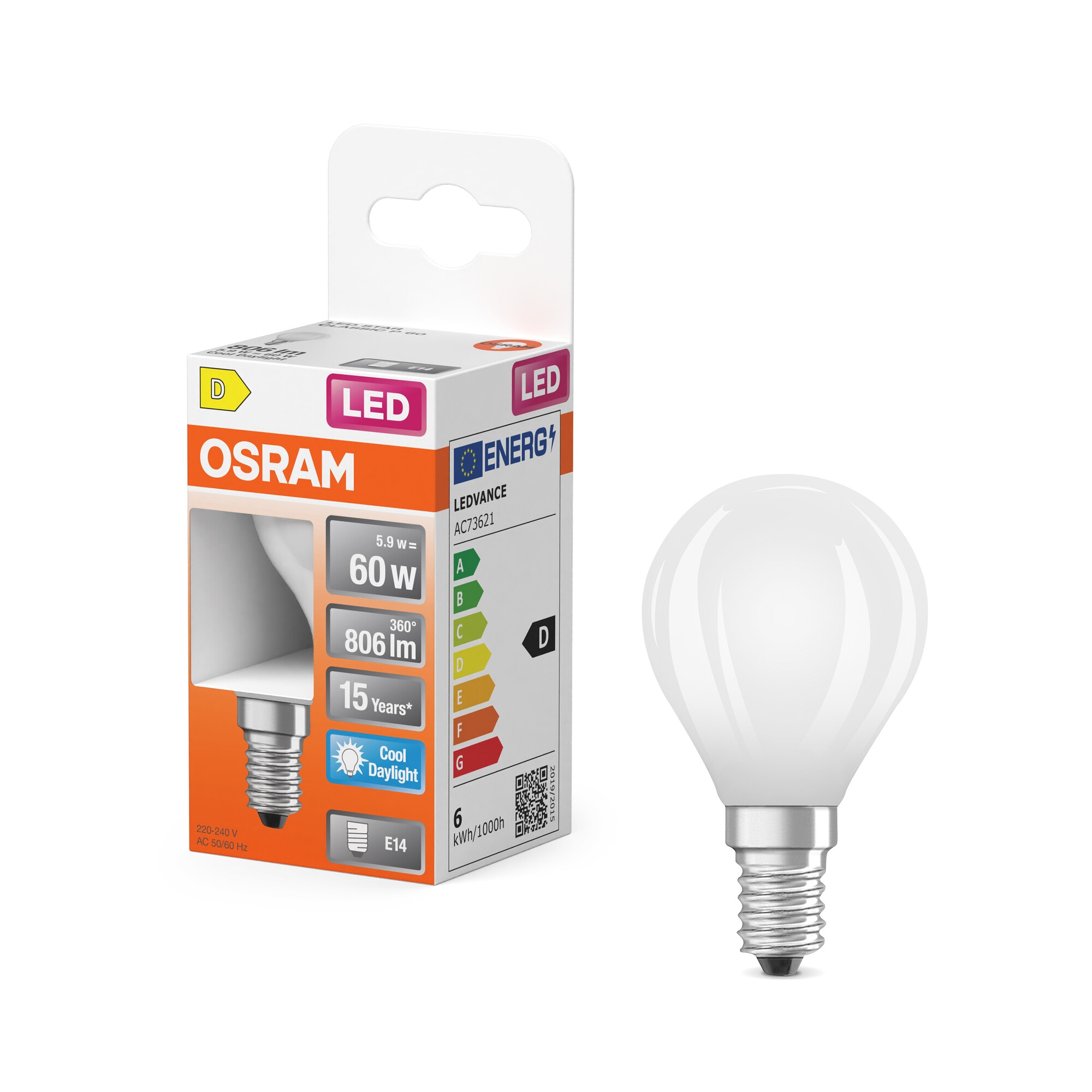 Lâmpada LED Esférica Vidro Mate E14 5,5 W Luz Fria Osram Branco-4