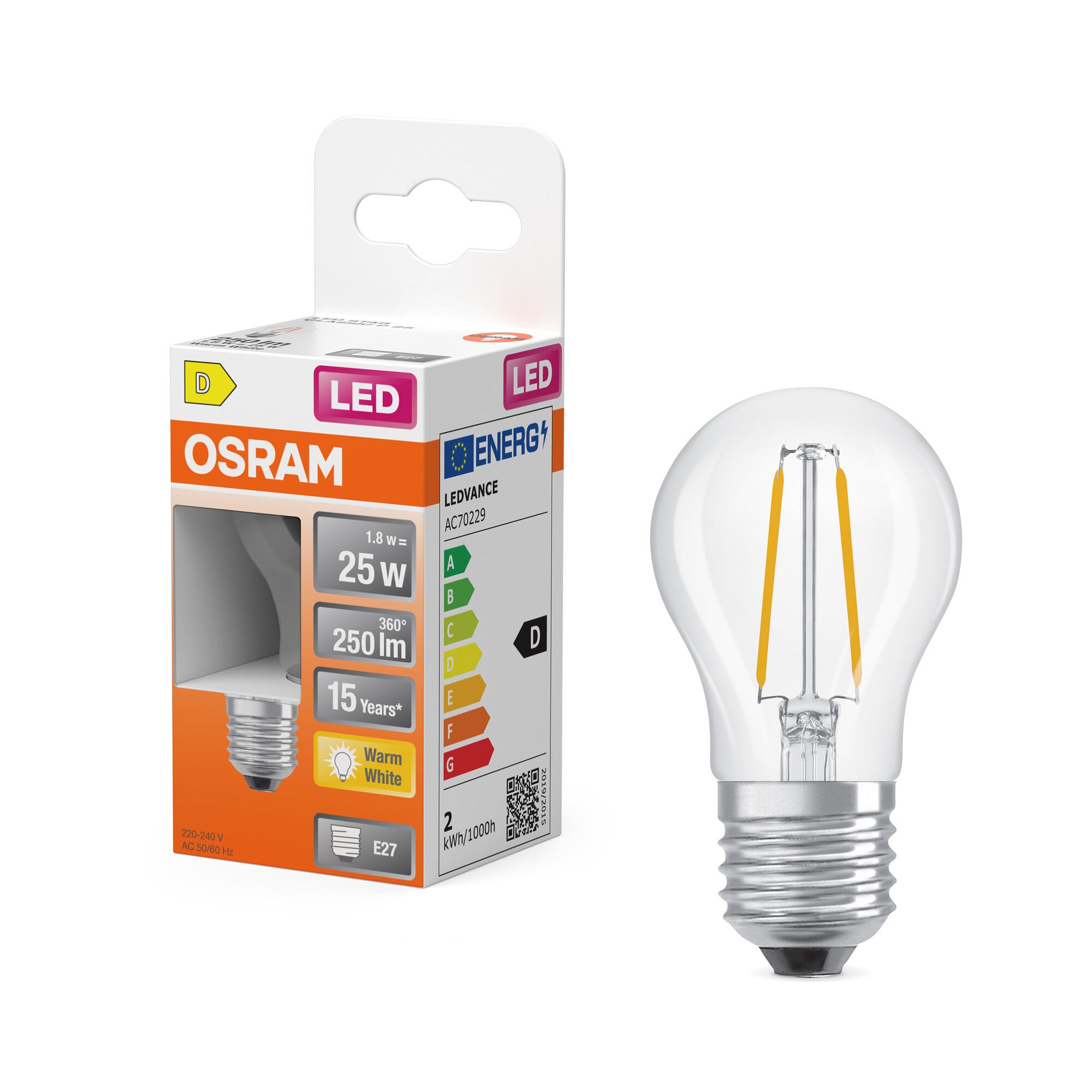 Bombilla LED Esférica Cristal Filamento E27 2,5W Luz Cálida Osram Transparente-5