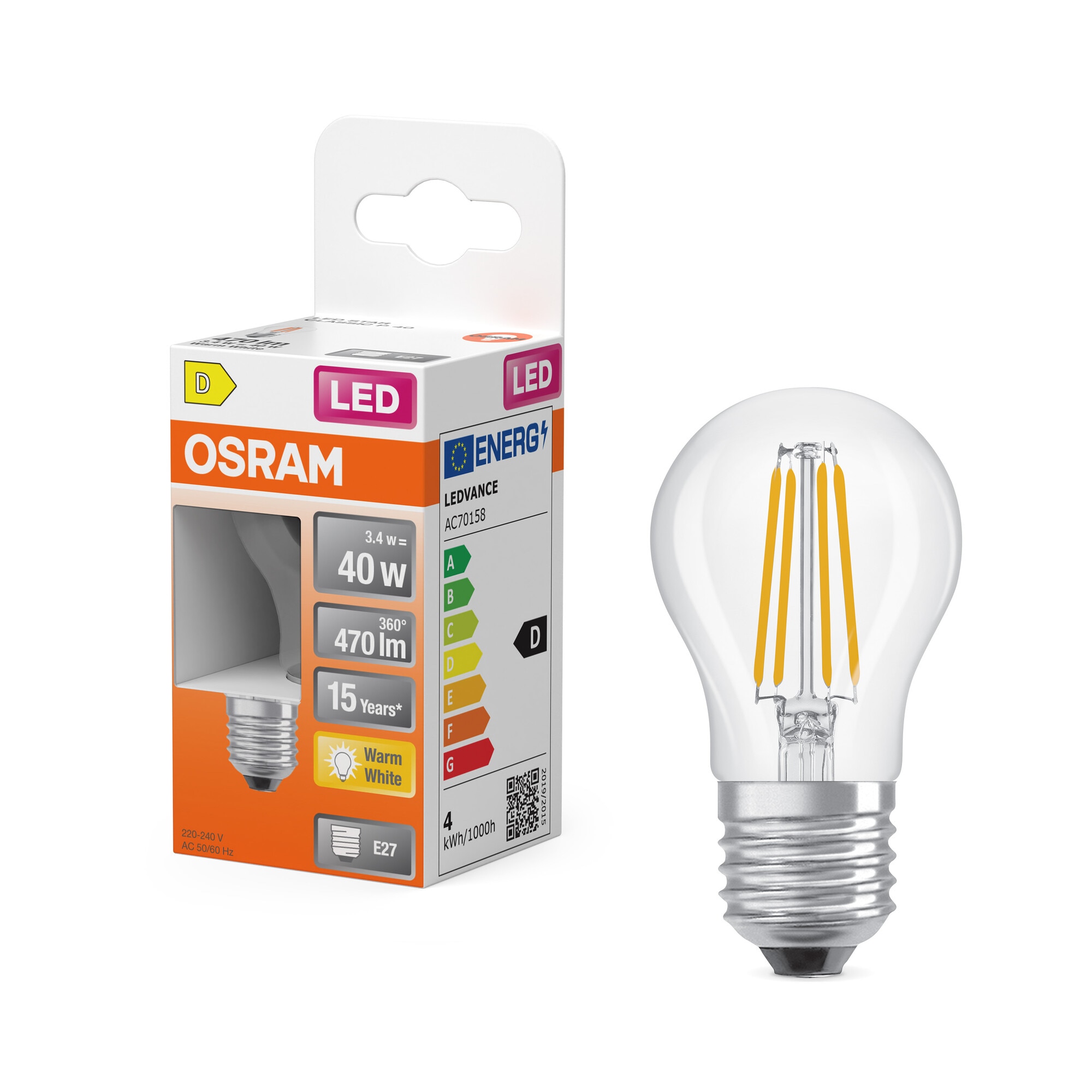Bombilla LED Esférica Cristal Filamento E27 4W Luz Cálida Osram Transparente-5