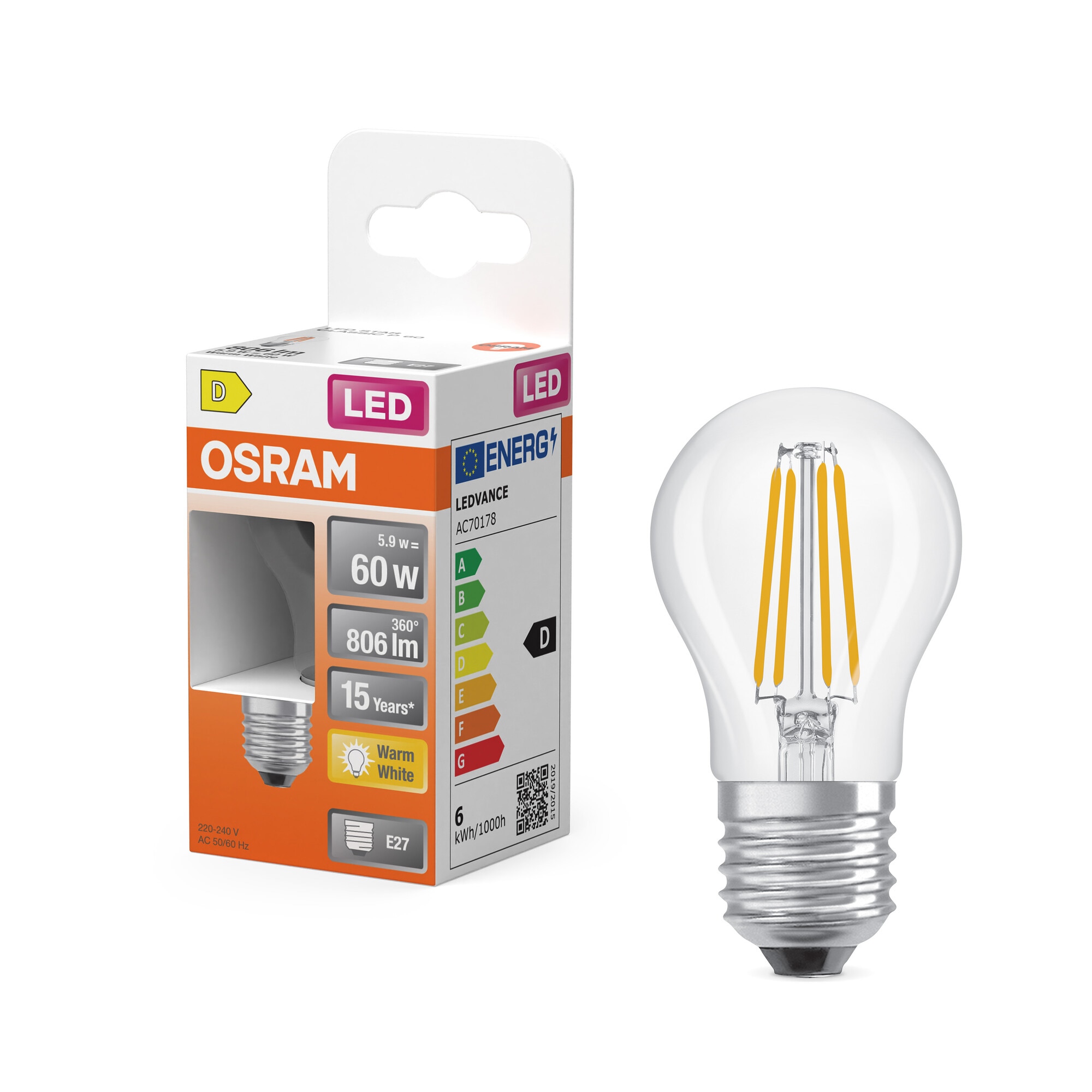 Bombilla LED Esférica Cristal Filamento E27 5,5W Luz Neutra Osram Transparente-5