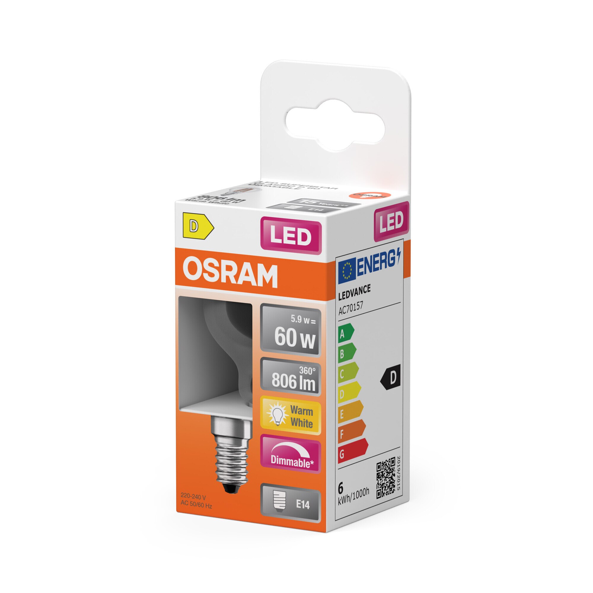 Bombilla LED Esférica Cristal Filamento E14 6.5W Luz Cálida Regulable Osram Transparente-3