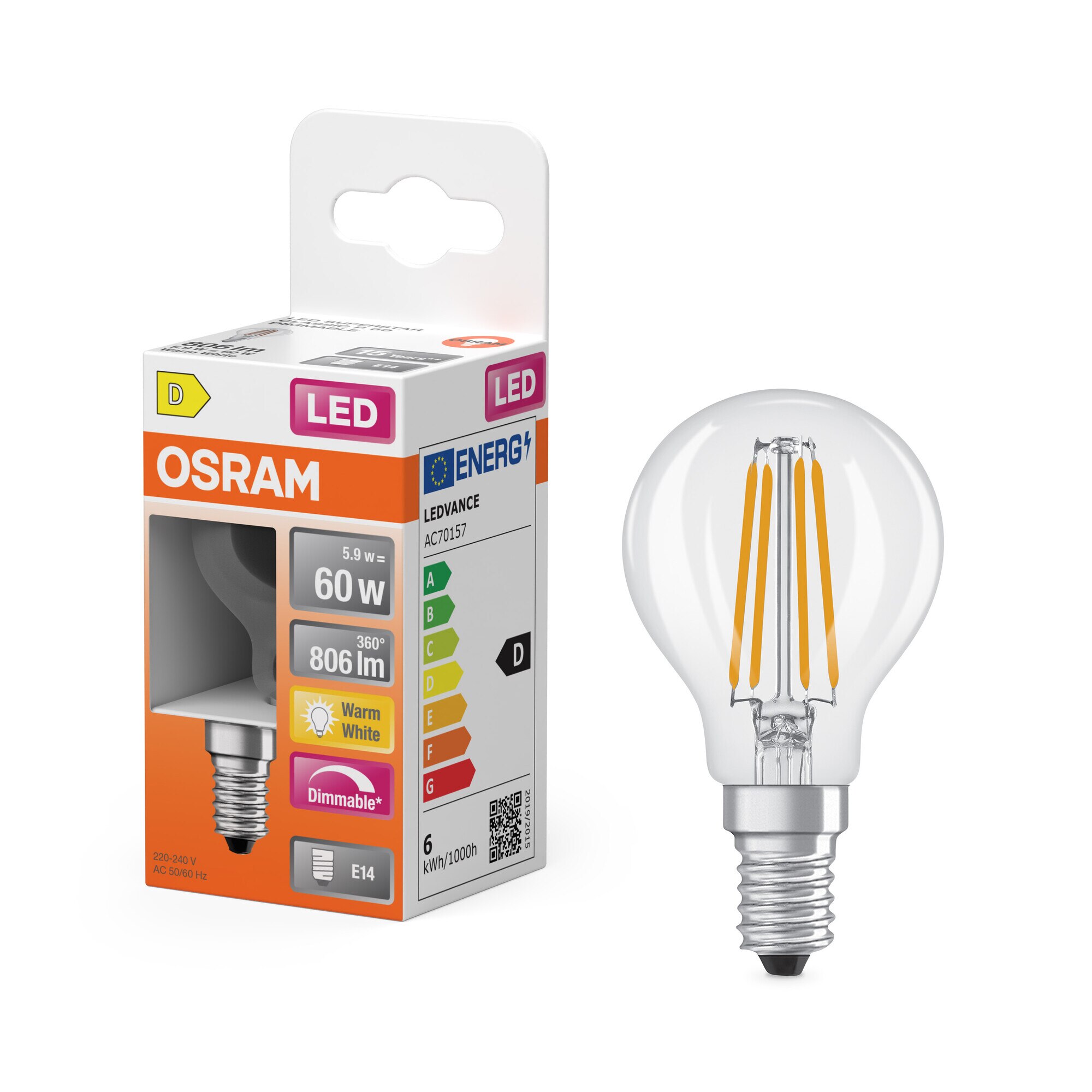 Bombilla LED Esférica Cristal Filamento E14 6.5W Luz Cálida Regulable Osram Transparente-5