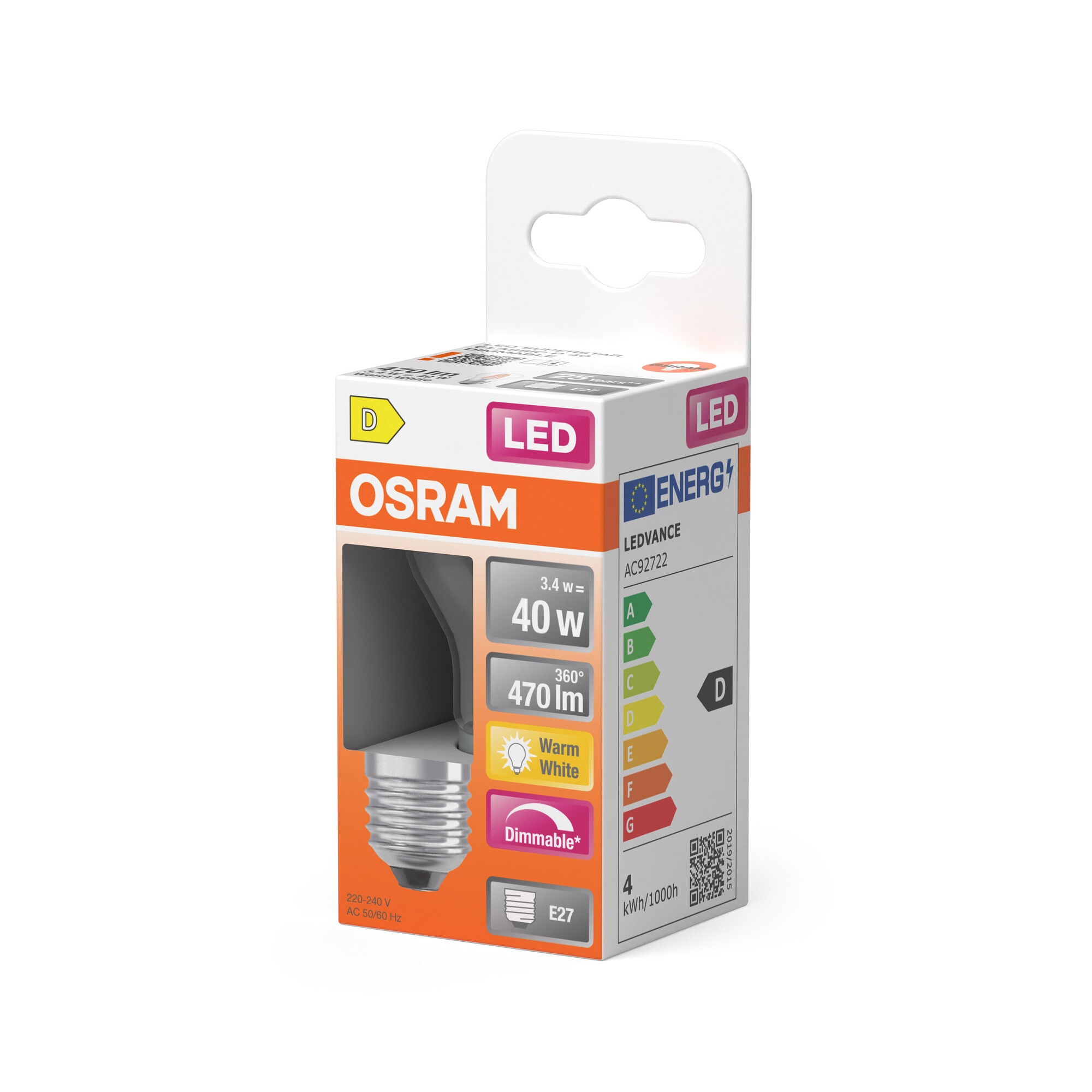 Bombilla LED Esférica Cristal Filamento E27 3,4W Luz Cálida Regulable Osram Transparente-3