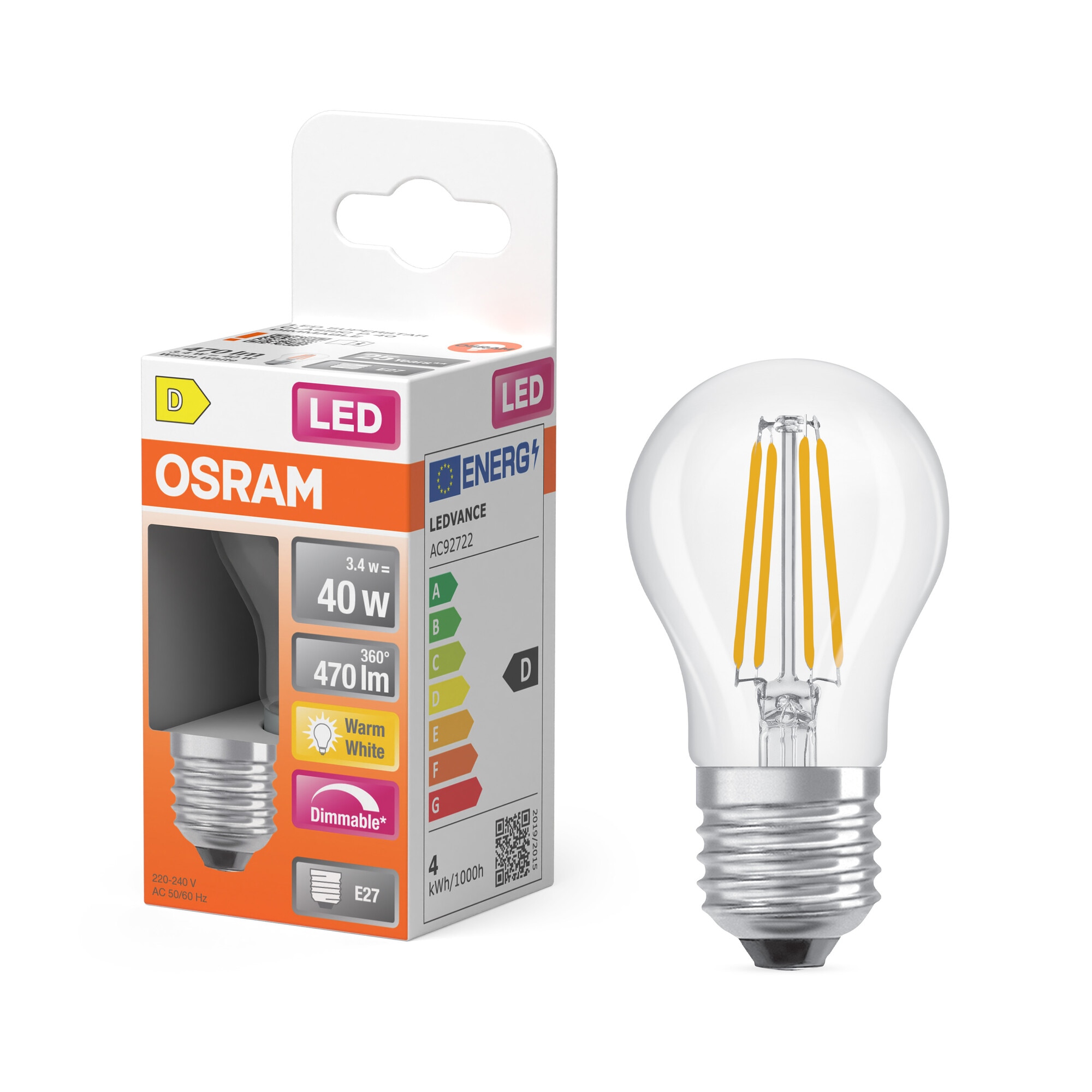 Bombilla LED Esférica Cristal Filamento E27 3,4W Luz Cálida Regulable Osram Transparente-5