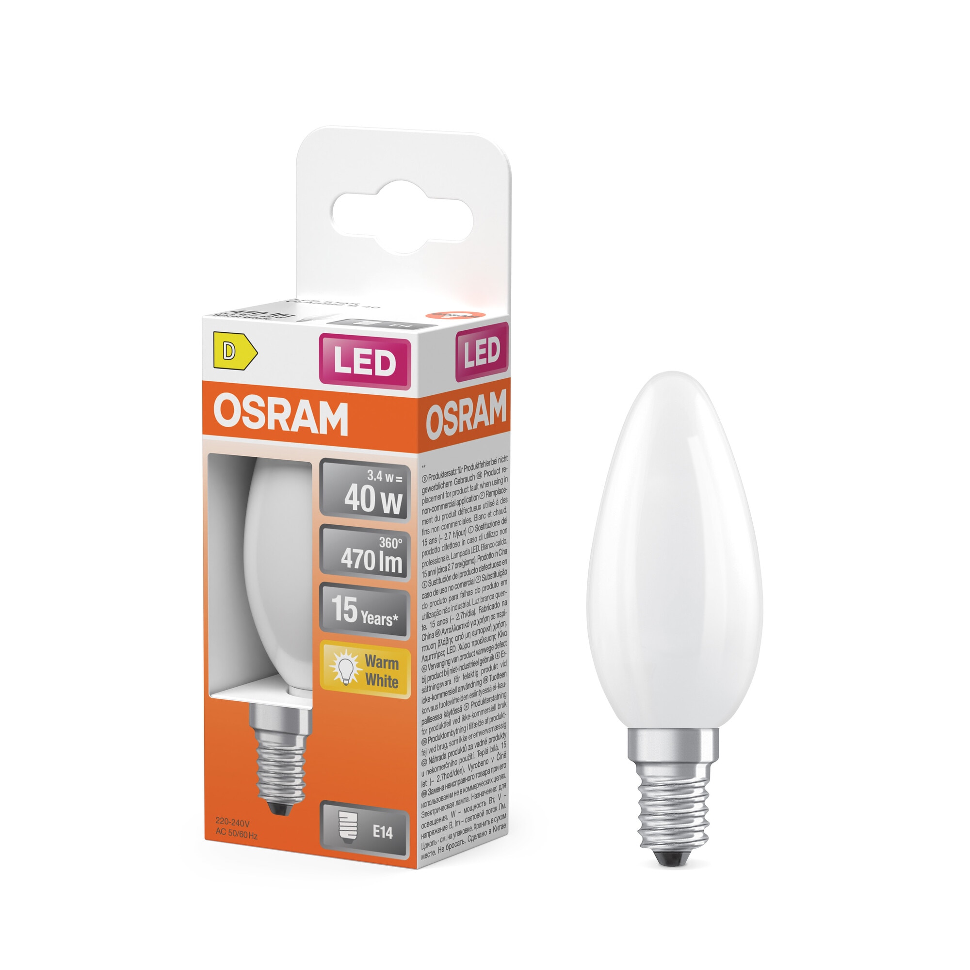 Lâmpada LED Vela Vidro Mate E14 4W Luz Quente Osram Branco-5
