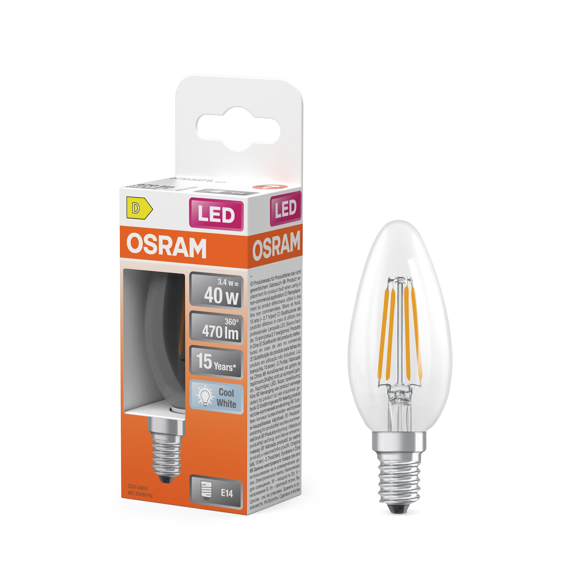 Bombilla LED Vela Cristal Filamento E14 4W Luz Neutra Osram Transparente-5