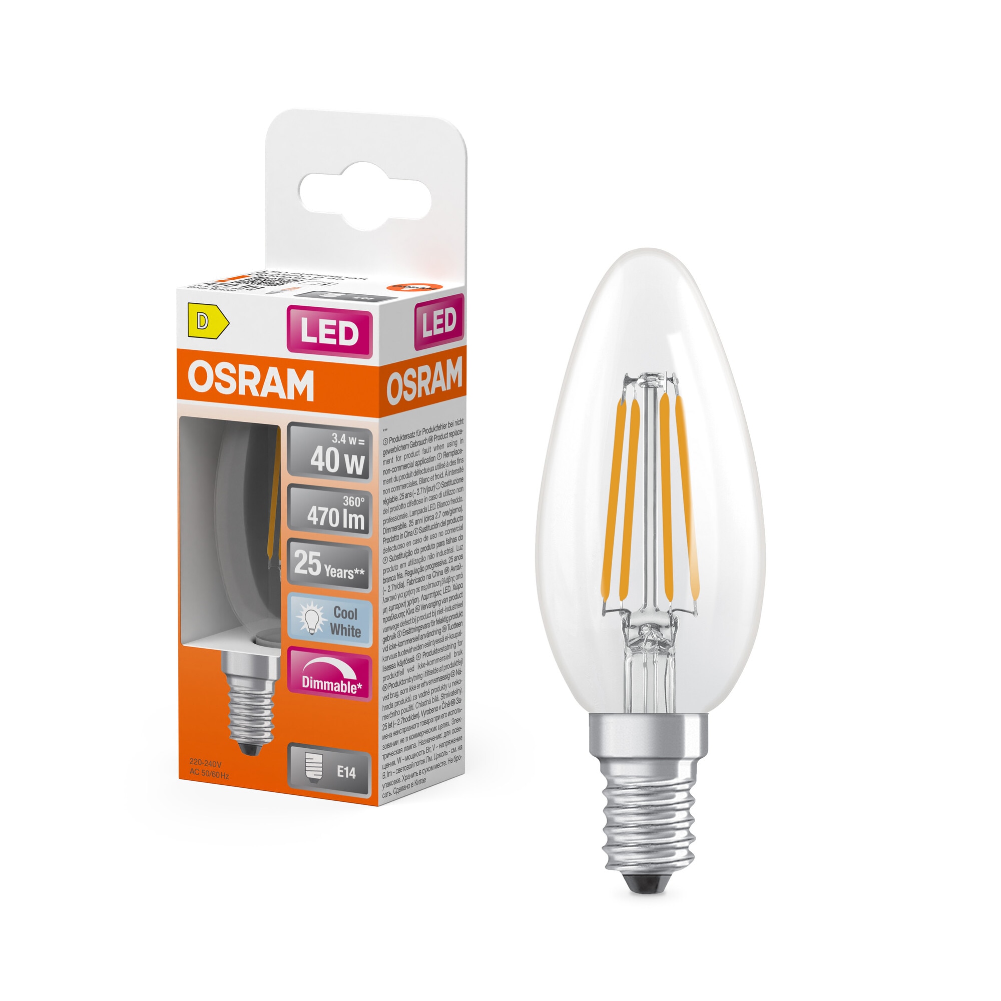 Bombilla LED Vela Cristal Filamento E14 3,4W Luz Cálida Regulable Osram Transparente-5