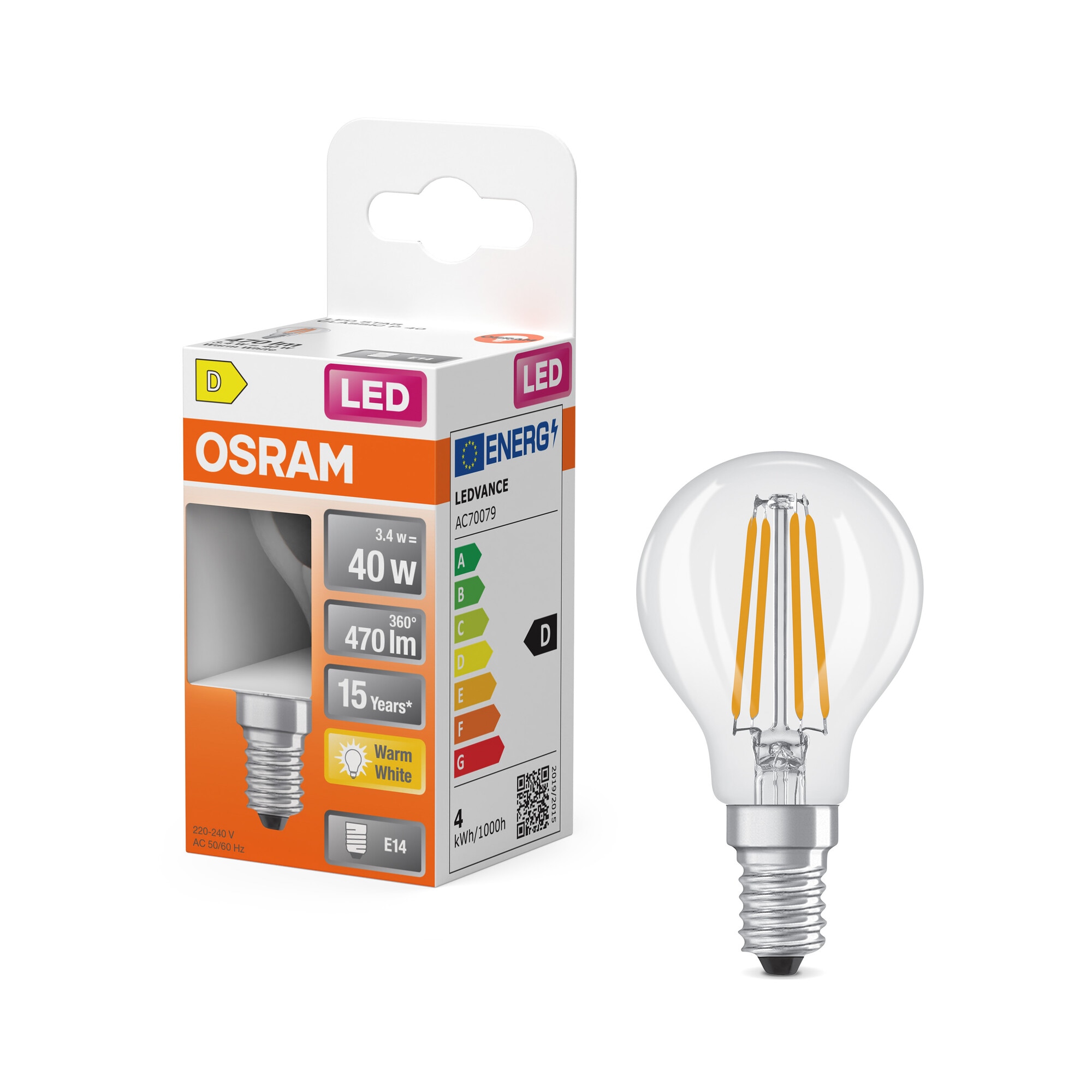 Bombilla LED Esférica Cristal Filamento E14 4W Luz Neutra Osram Transparente-5