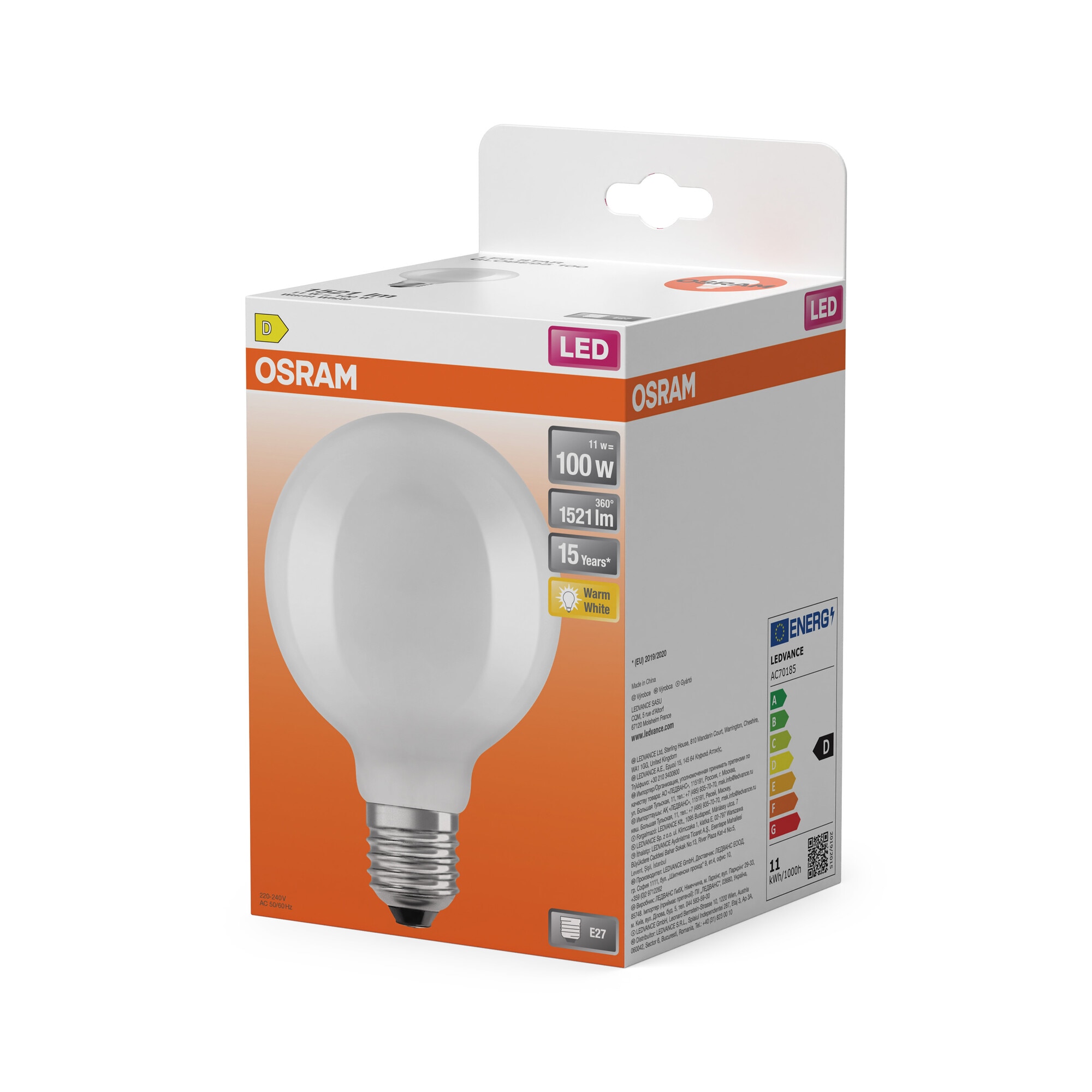 Lâmpada LED Globo 95, Vidro Mate, E27, 11 W, Luz Quente, Osram Branco-3