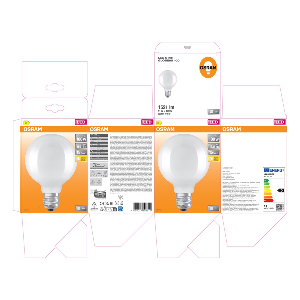 Lâmpada LED Globo 95, Vidro Mate, E27, 11 W, Luz Quente, Osram Branco-5